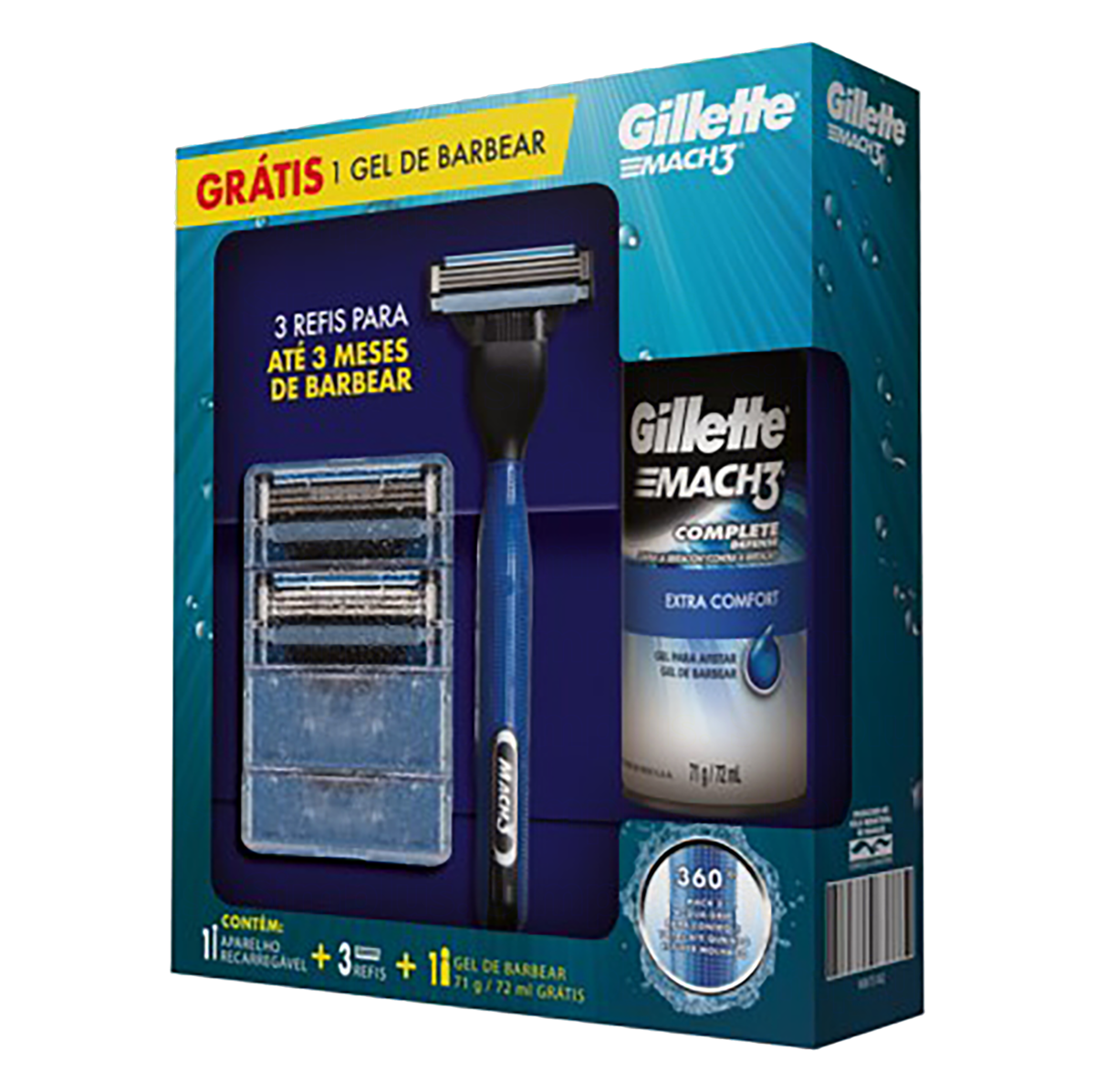 Aparelho para Barbear Recarreg&aacute;vel + 3 Refis + 1 Gel Extra Comfort 71g Gillette Mach3