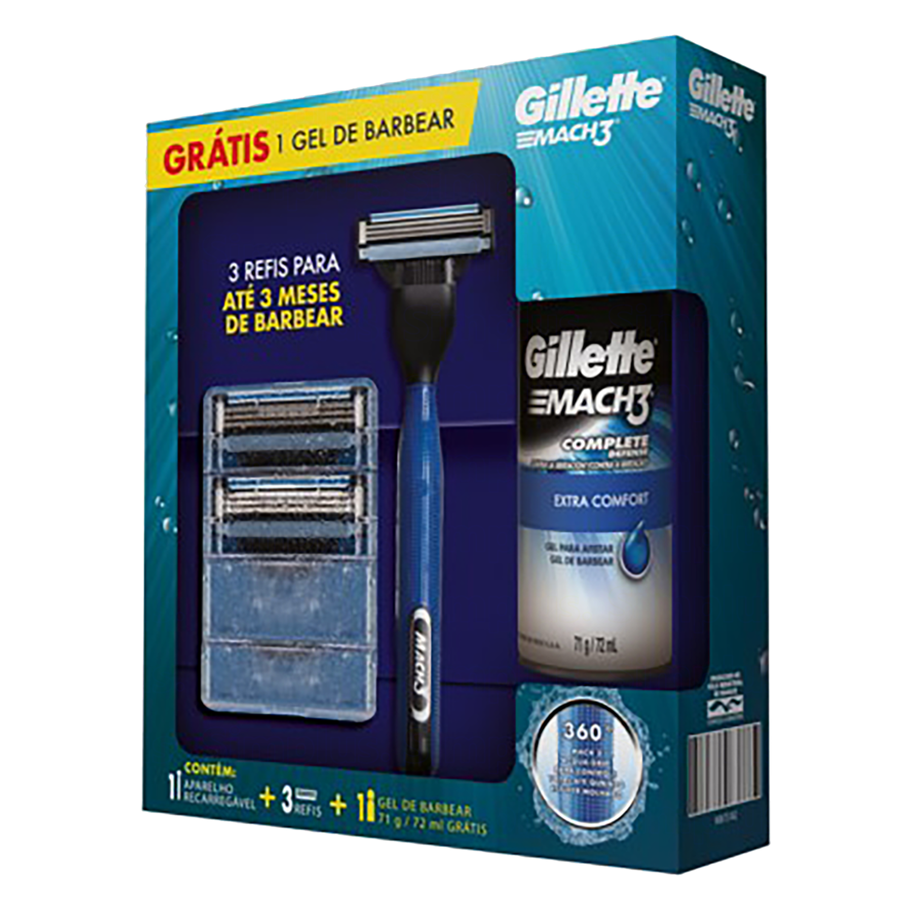 Aparelho para Barbear Recarregável + 3 Refis + 1 Gel Extra Comfort 71g Gillette Mach3