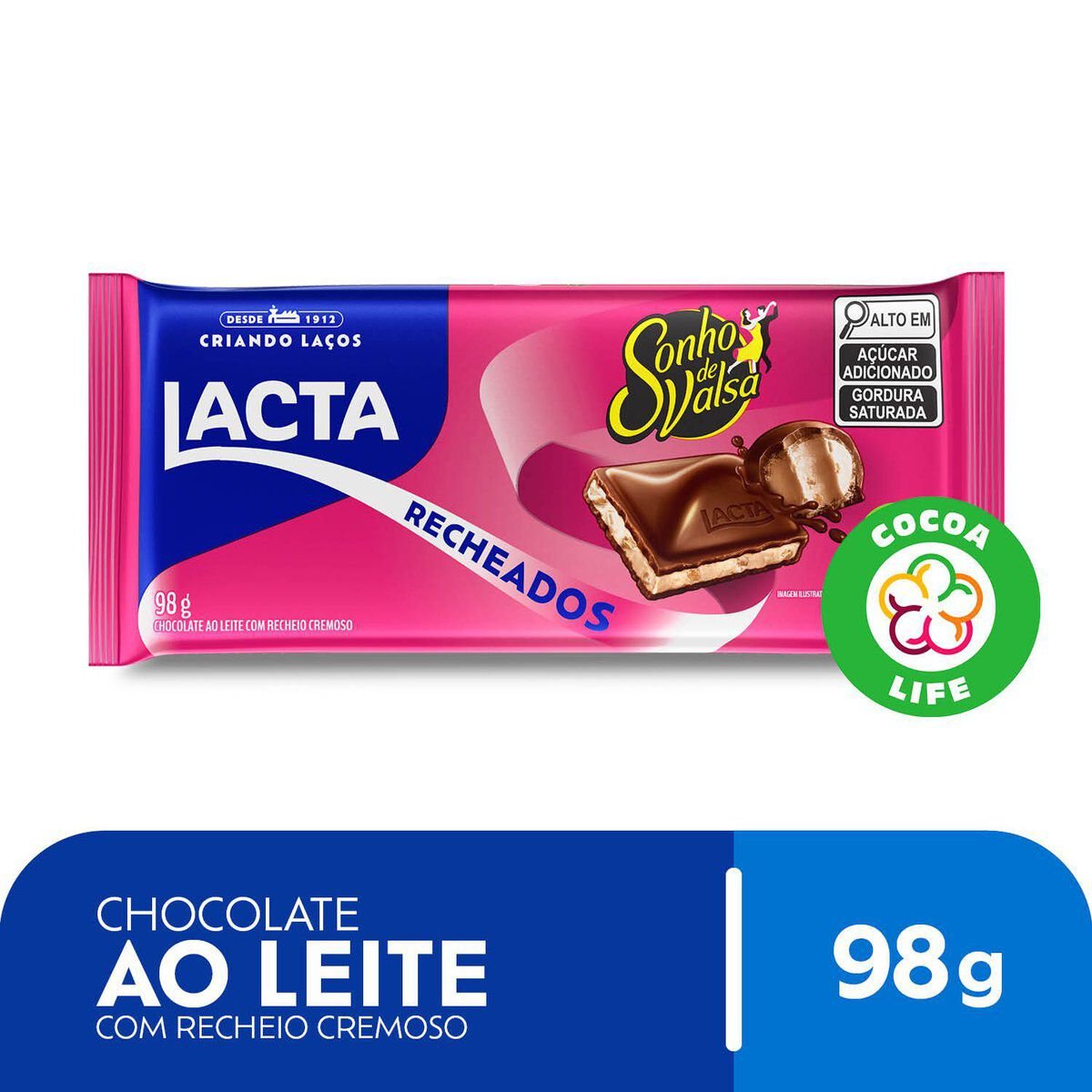 Barra de Chocolate ao Leite Recheio Sonho de Valsa Lacta Recheados Pacote 98g
