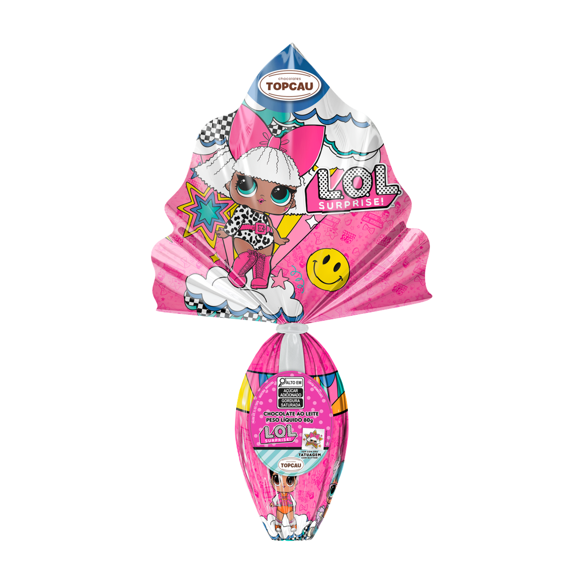 Ovo de P&aacute;scoa ao Leite L.O.L. Surprise! Topcau 80g Vem com Uma Tatuagem com Glitter!
