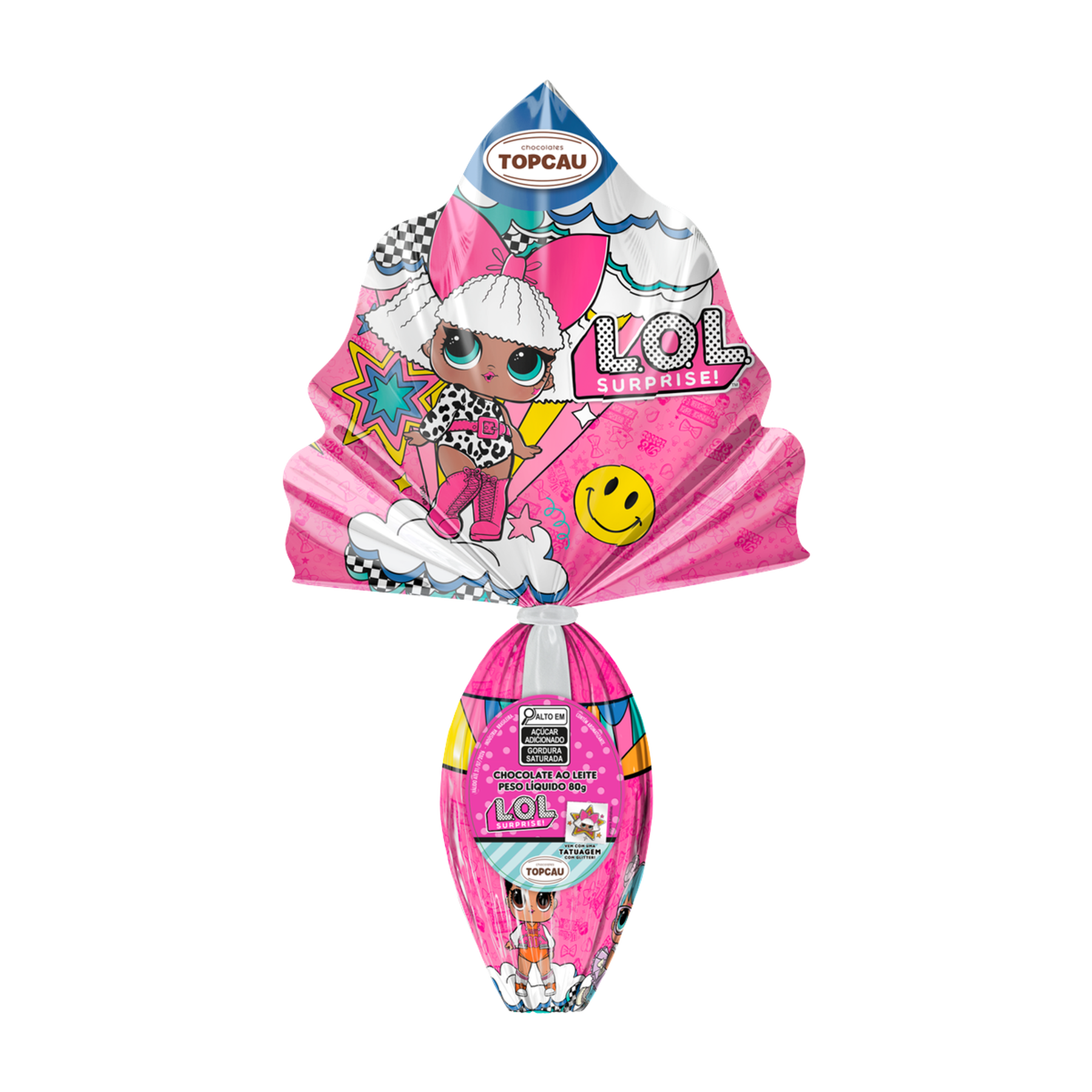 Ovo de P&aacute;scoa ao Leite L.O.L. Surprise! Topcau 80g Vem com Uma Tatuagem com Glitter!