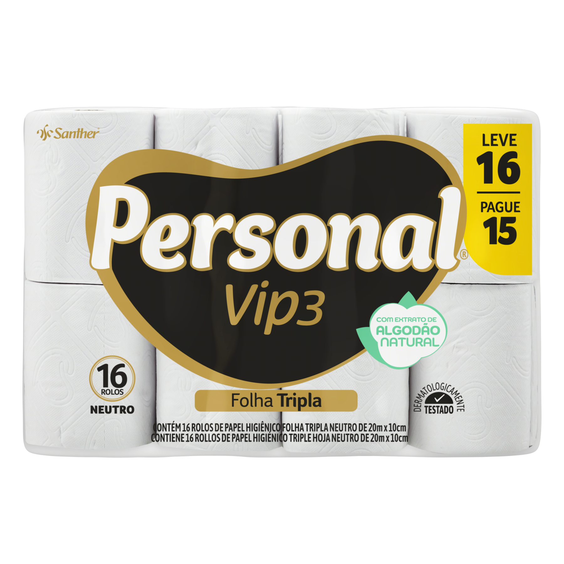 Papel Higi&ecirc;nico Folha Tripla Neutro Personal Vip3 20m Pacote Leve 16 Pague 15 Unidades