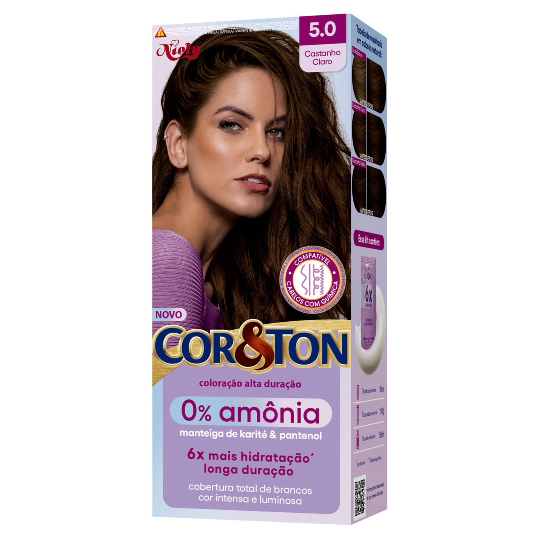Kit Colora&ccedil;&atilde;o Creme 5.0 Castanho Claro 0% Am&ocirc;nia Niely Cor&Ton