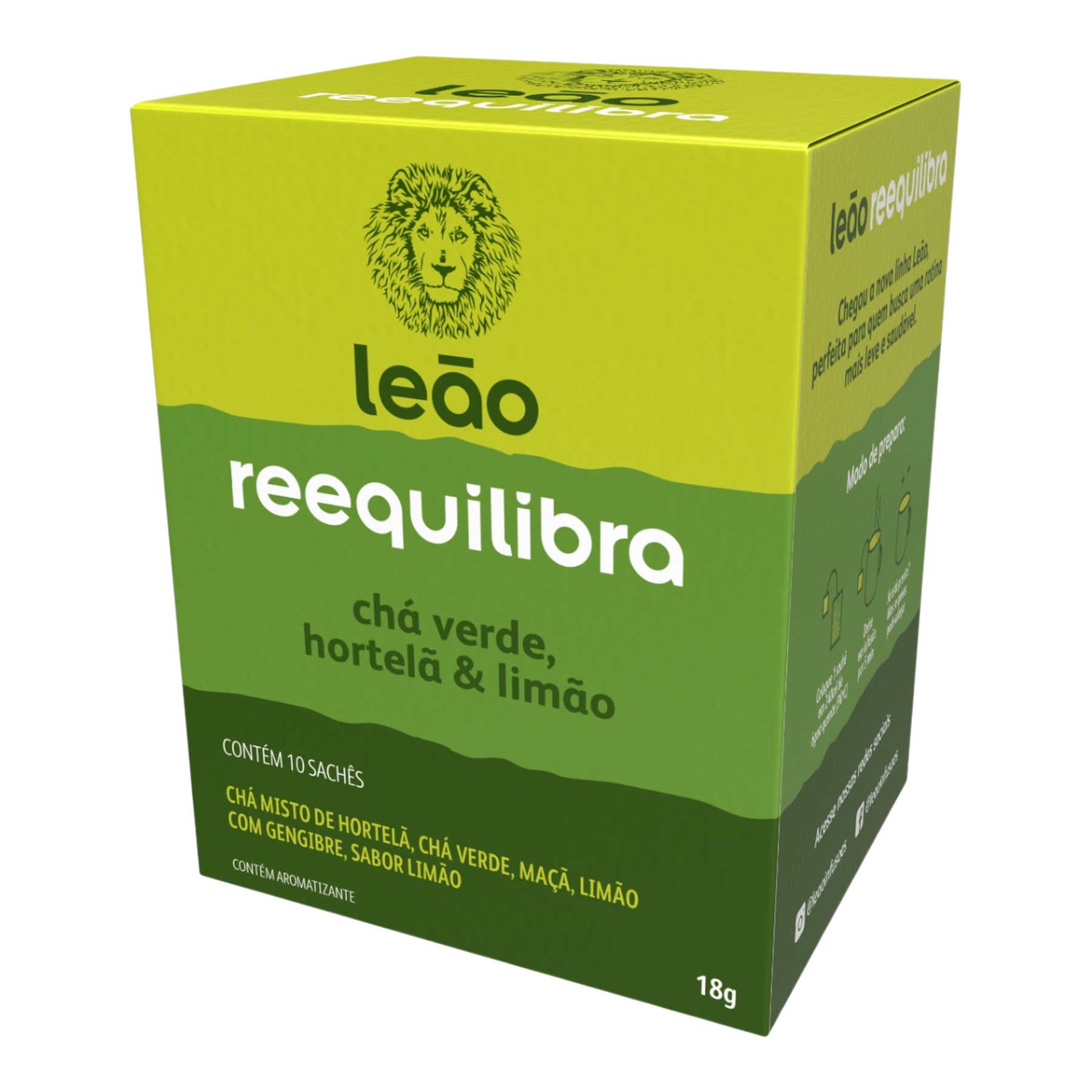 Ch&aacute; Verde Hortel&atilde; e Lim&atilde;o Le&atilde;o Reequilibra Caixa 18g 10 Unidades