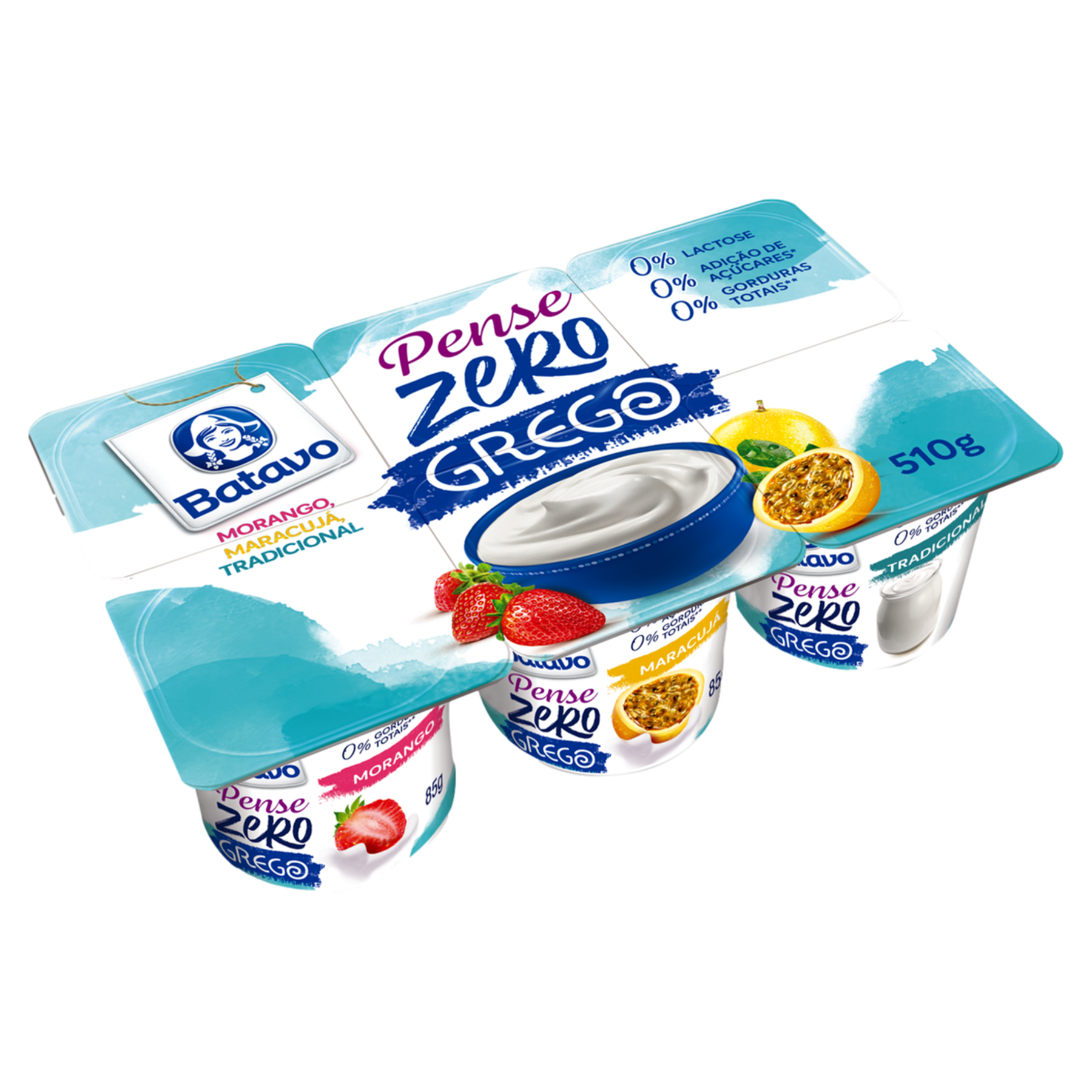 Iogurte Grego Desnatado Morango + Maracuj&aacute; + Tradicional Zero Lactose Batavo Pense Zero Bandeja 510g 6 Unidades 85g Cada