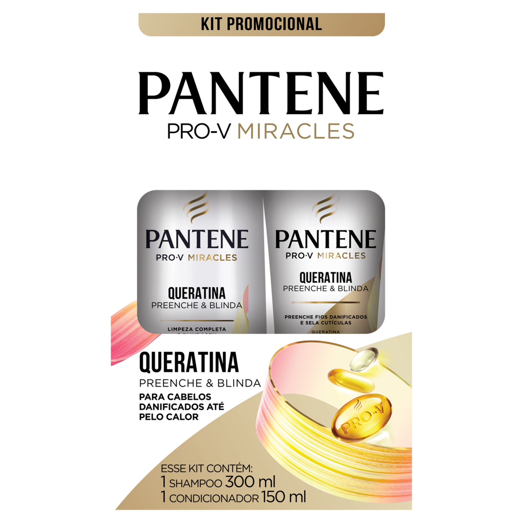 Kit Shampoo 300ml + Condicionador 150ml Pantene Queratina Preenche e Blinda
