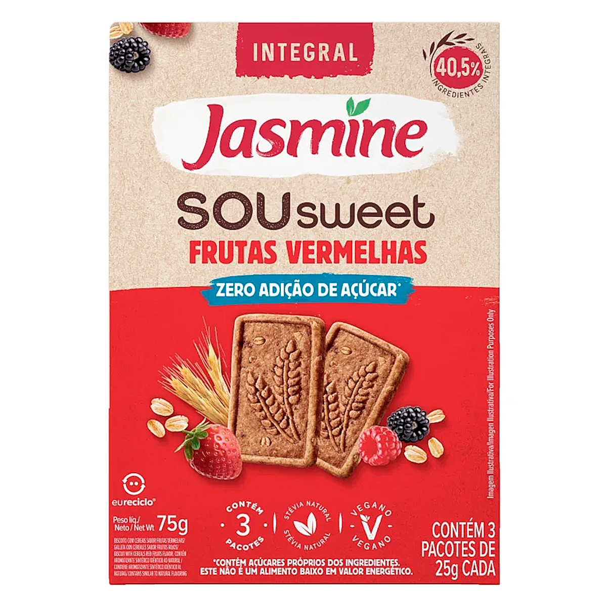Biscoito Vegano Integral Frutas Vermelhas Jasmine Sou Sweet Caixa 75g