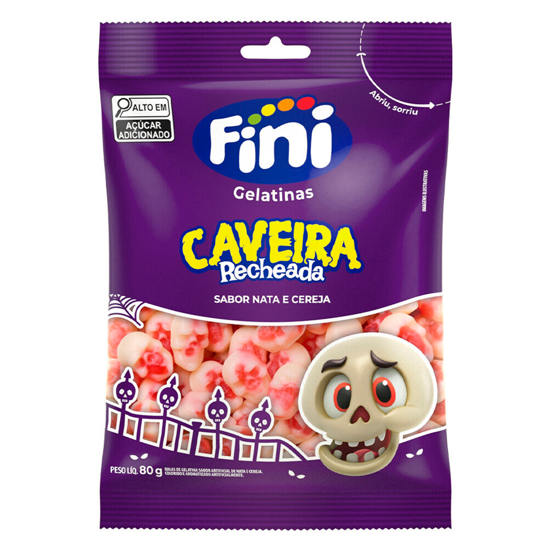 Bala Caveira Recheada Nata e Cereja Fini Pacote 80g