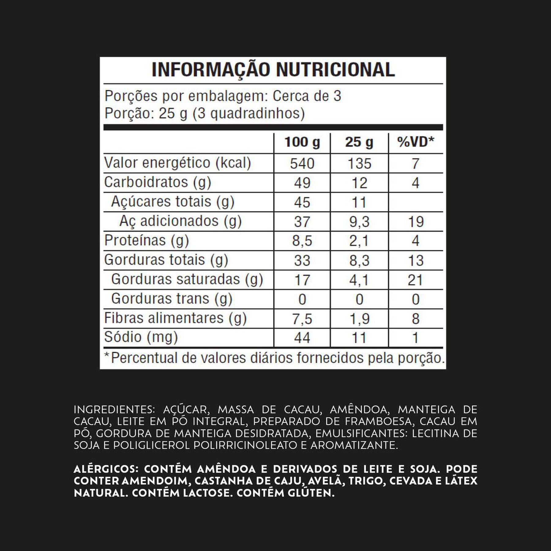 Chocolate Lacta Intense Meio Amargo 40% Cacau Amêndoas E Framboesa 85g