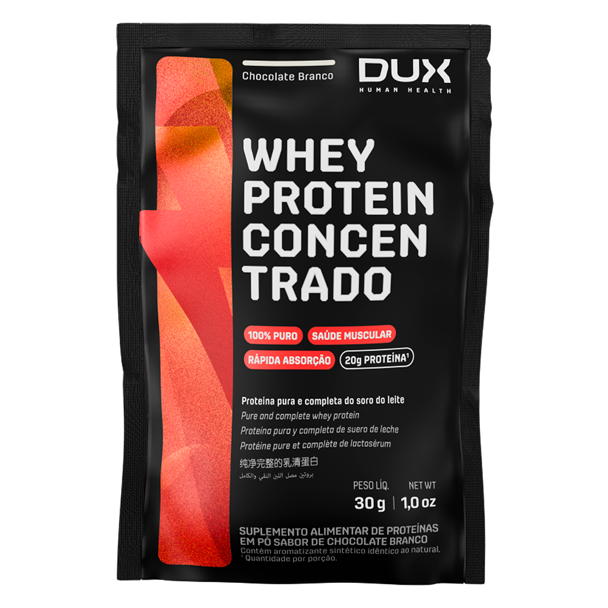 Suplemento em P&oacute; Whey Protein Concentrado Chocolate Branco Dux Human Health Pacote 30g