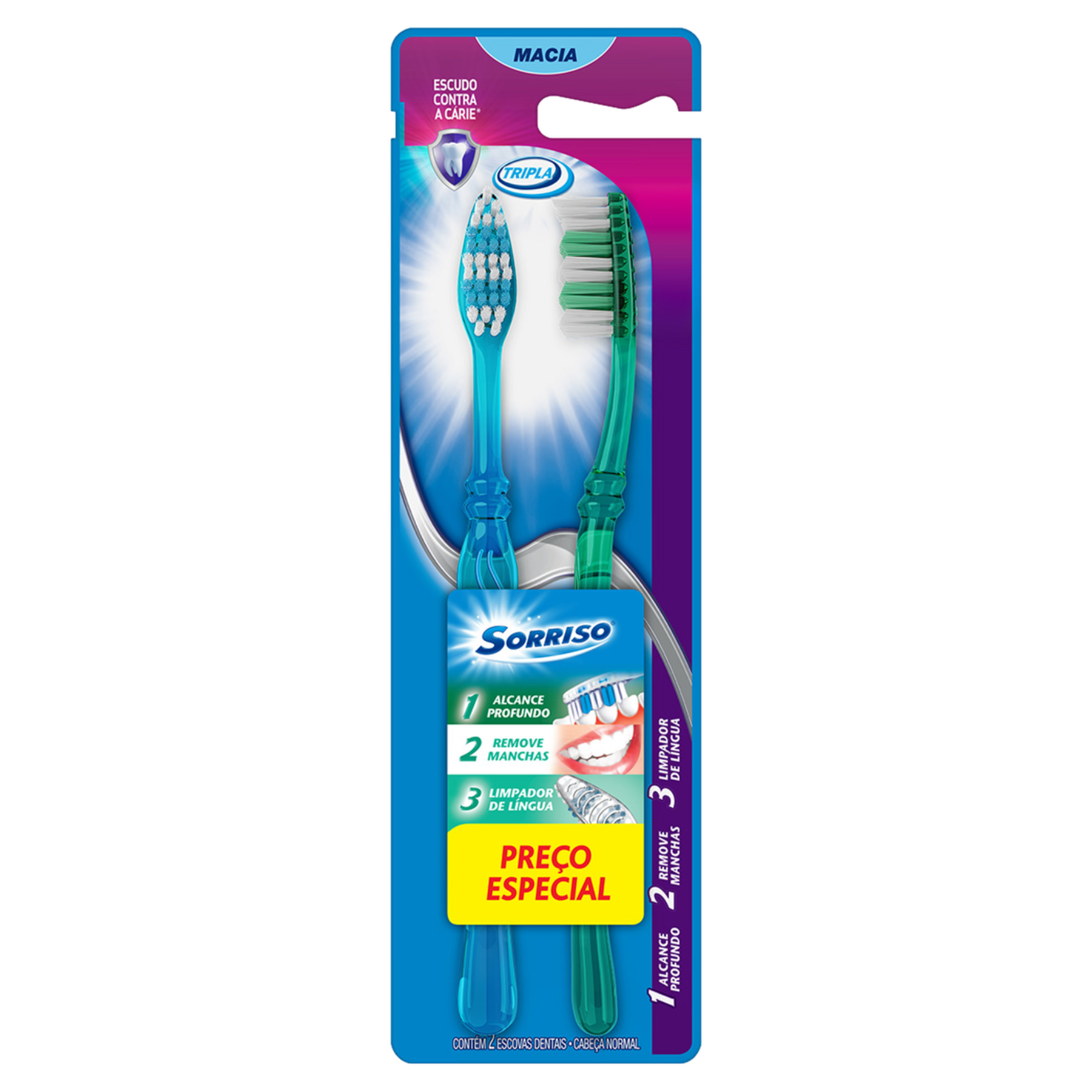 Escova Dental Macia Tripla Sorriso C/2 Unidades - Embalagem Preço Especial