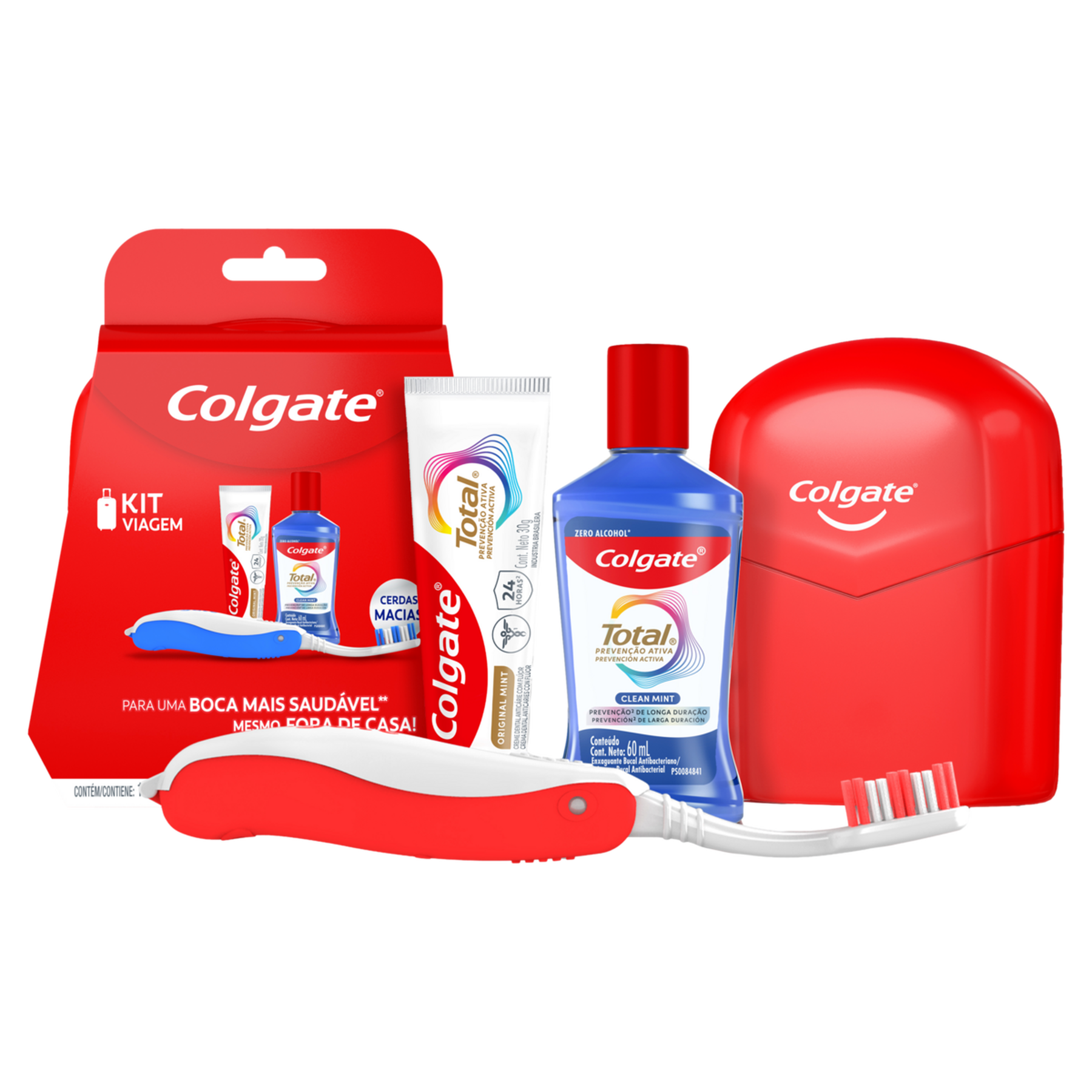 Kit Estojo + Creme Dental Antic&aacute;rie Original Mint 30g + Enxaguante Bucal Antibacteriano Clean Mint 60ml Preven&ccedil;&atilde;o Ativa + Escova Dental Macia Cabe&ccedil;a Normal Colgate Total&nbsp;