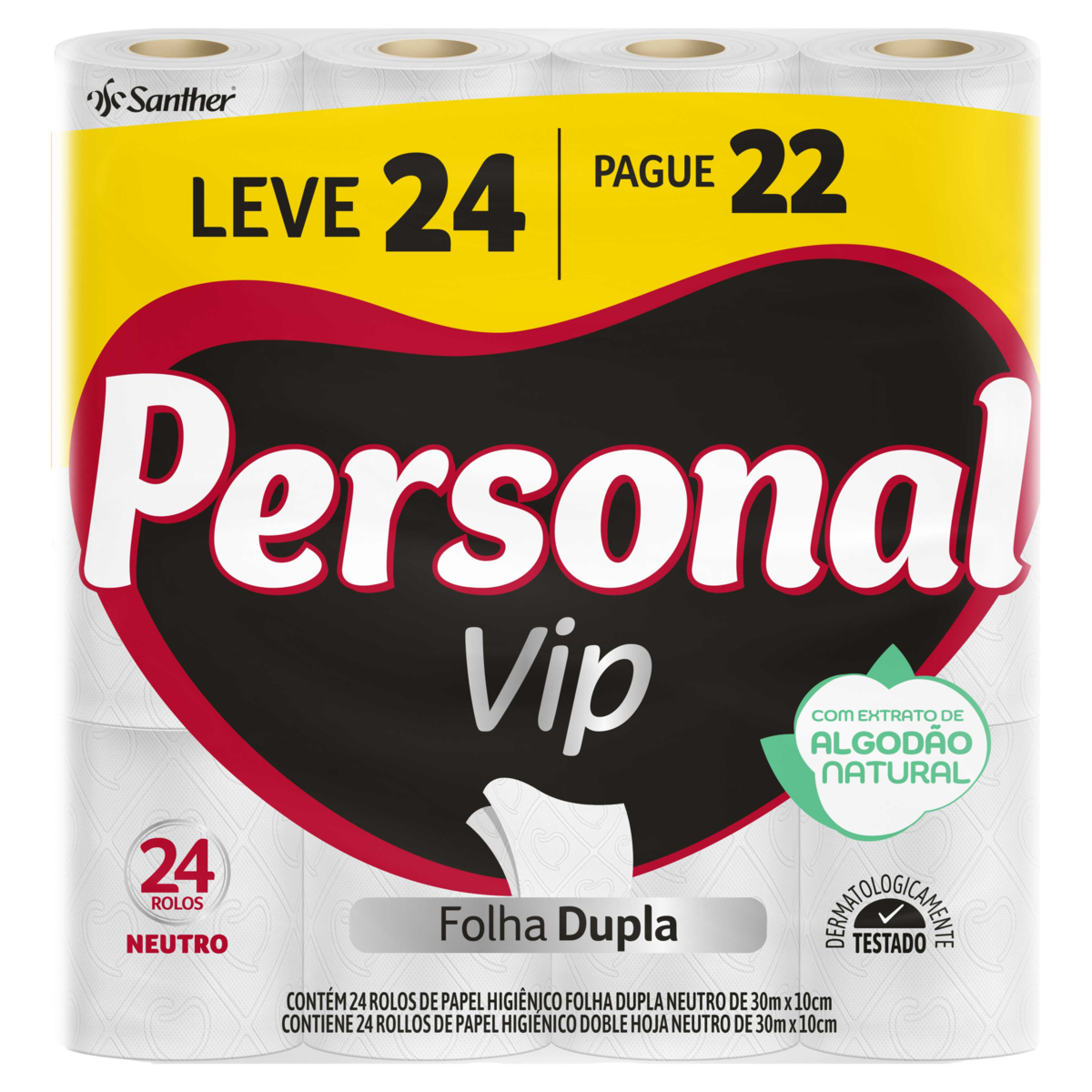 Papel Higi&ecirc;nico Folha Dupla Neutro Personal Vip 30m Pacote C/24 Unidades - Embalagem Leve 24 Pague 22