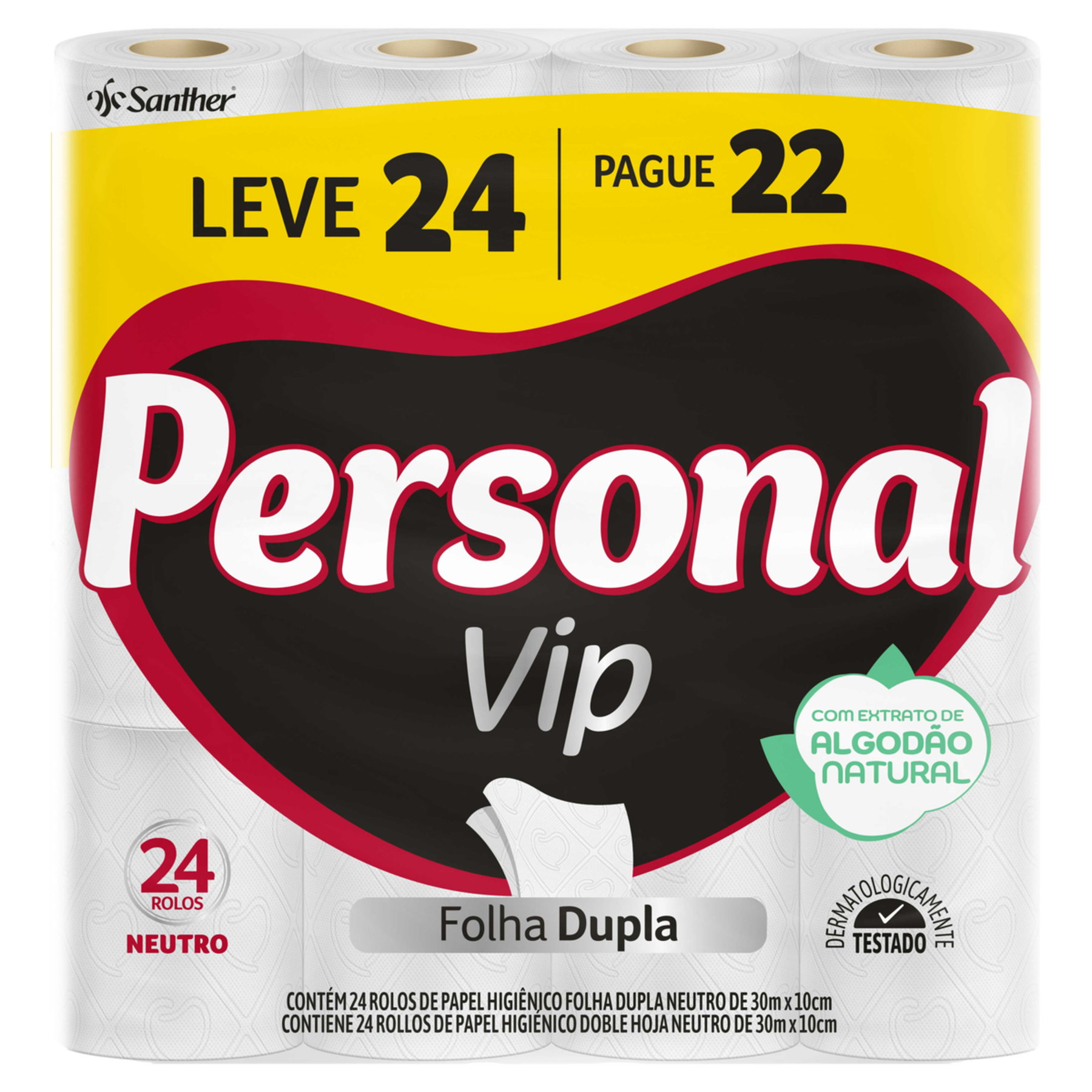Papel Higiênico Folha Dupla Neutro Personal Vip 30m Pacote C/24 Unidades - Embalagem Leve 24 Pague 22