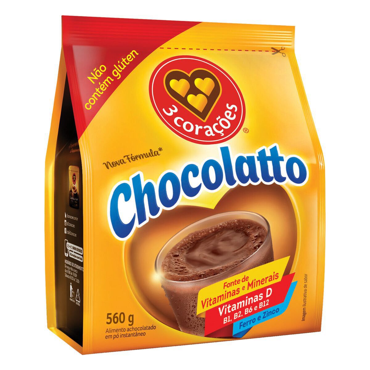 Achocolatado em P&oacute; Chocolatto 3 Cora&ccedil;&otilde;es Pacote 560g
