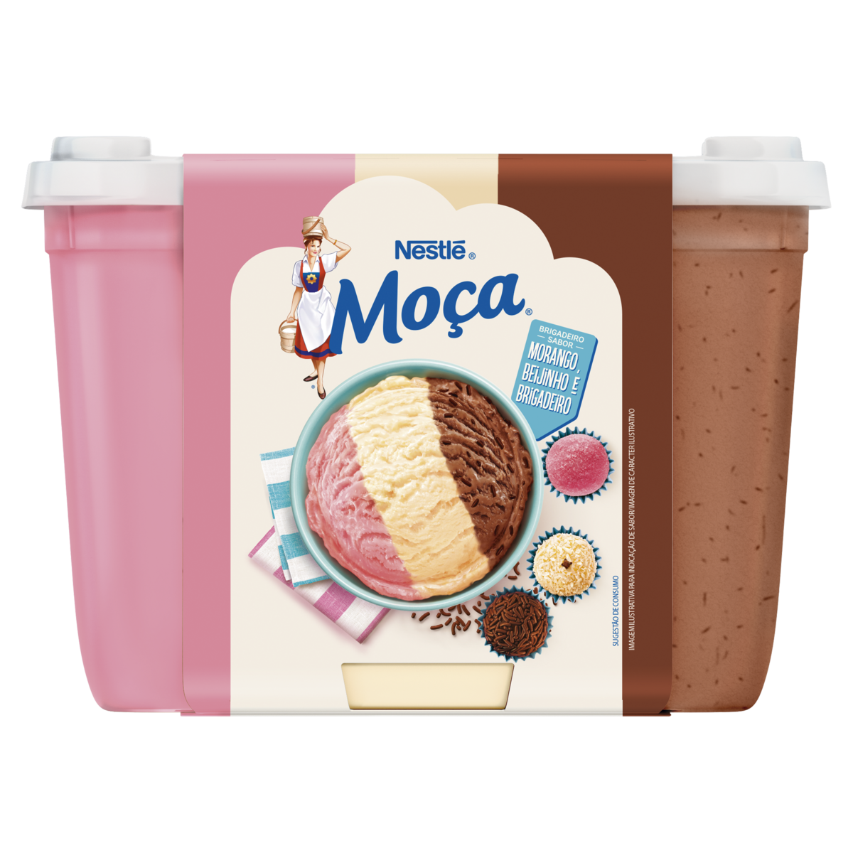 Sorvete Mo&ccedil;a Morango, Beijinho e Brigadeiro Nestl&eacute; Pote 1,5l