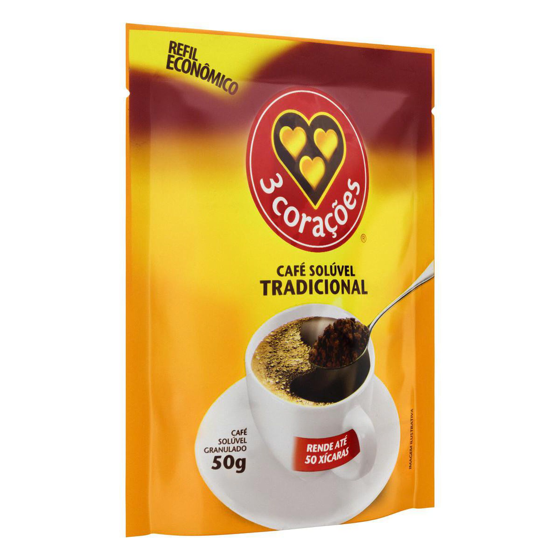 Caf&eacute; Sol&uacute;vel Granulado Tradicional 3 Cora&ccedil;&otilde;es Sach&ecirc; 50g Refil Econ&ocirc;mico