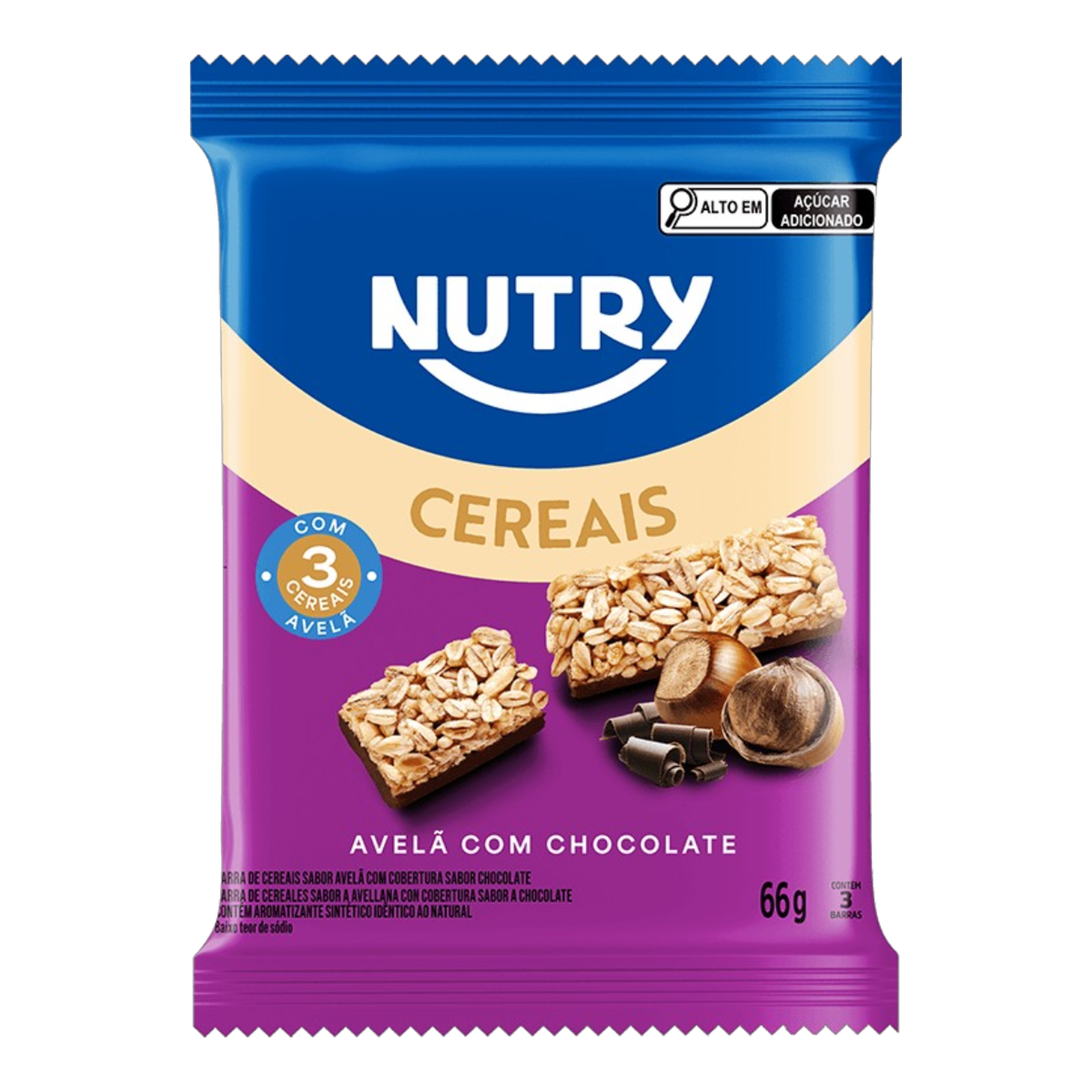 Pack Barra Cereal Avel&atilde; Cobertura Chocolate Nutry Pacote 66g 3 Unidades