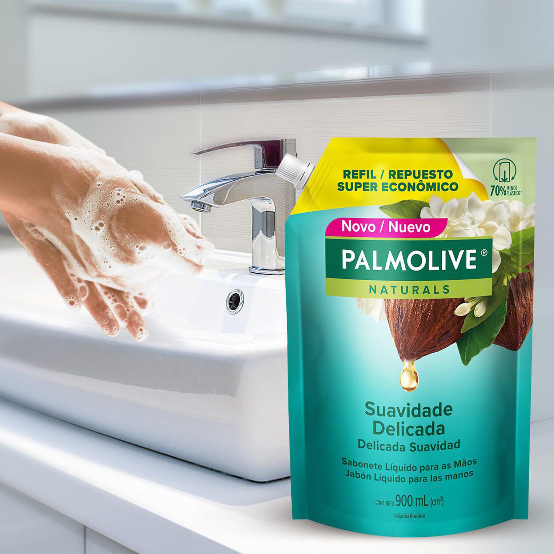 Sabonete L&iacute;quido para as M&atilde;os Suavidade Delicada Palmolive Naturals Sach&ecirc; 900ml Refil - Embalagem Refil Super Econ&ocirc;mico