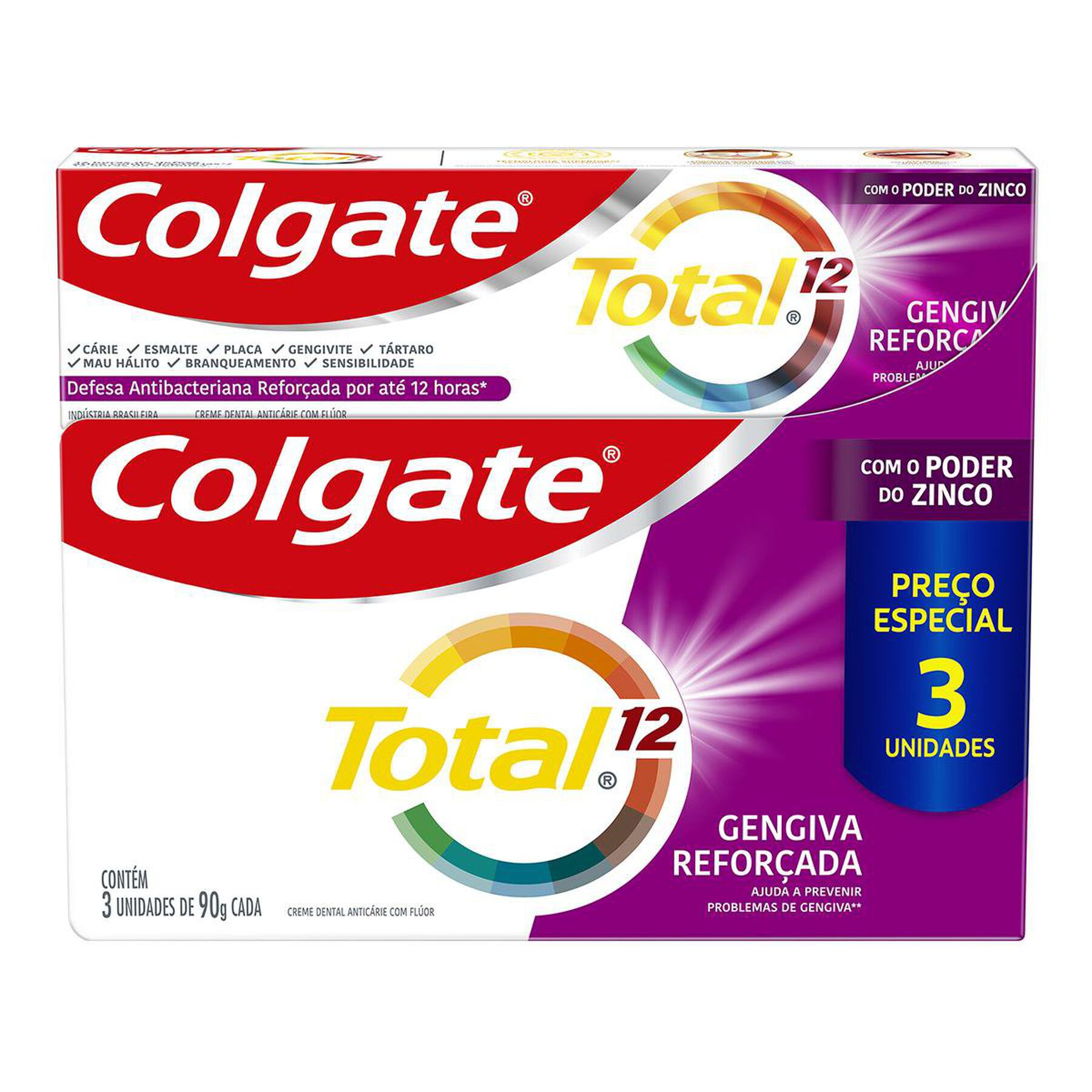 Creme Dental Colgate Total 12 Gengiva Reforçada 3 unid 90g Preço Especial