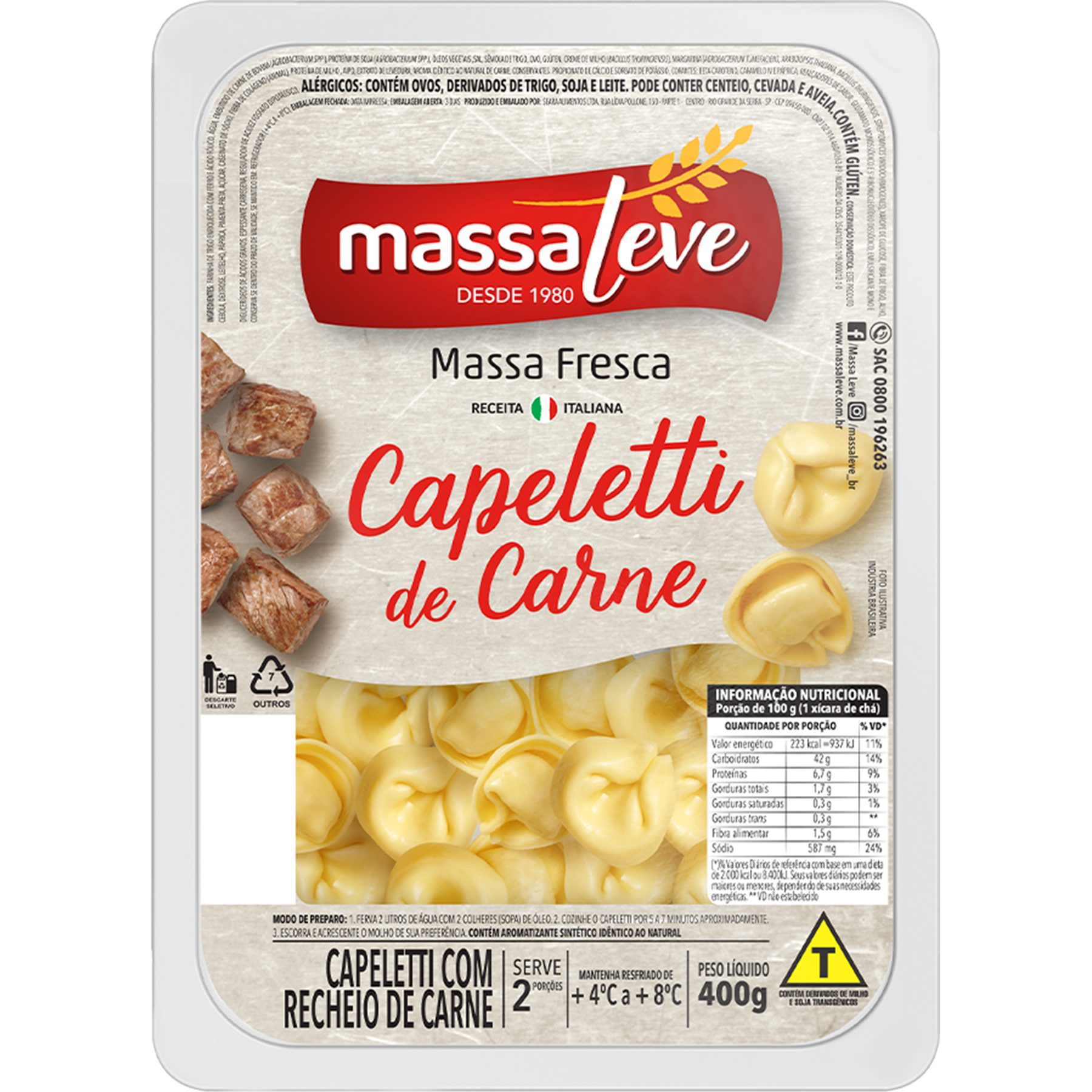 Massa Fresca Capeletti Carne Massa Leve 400g