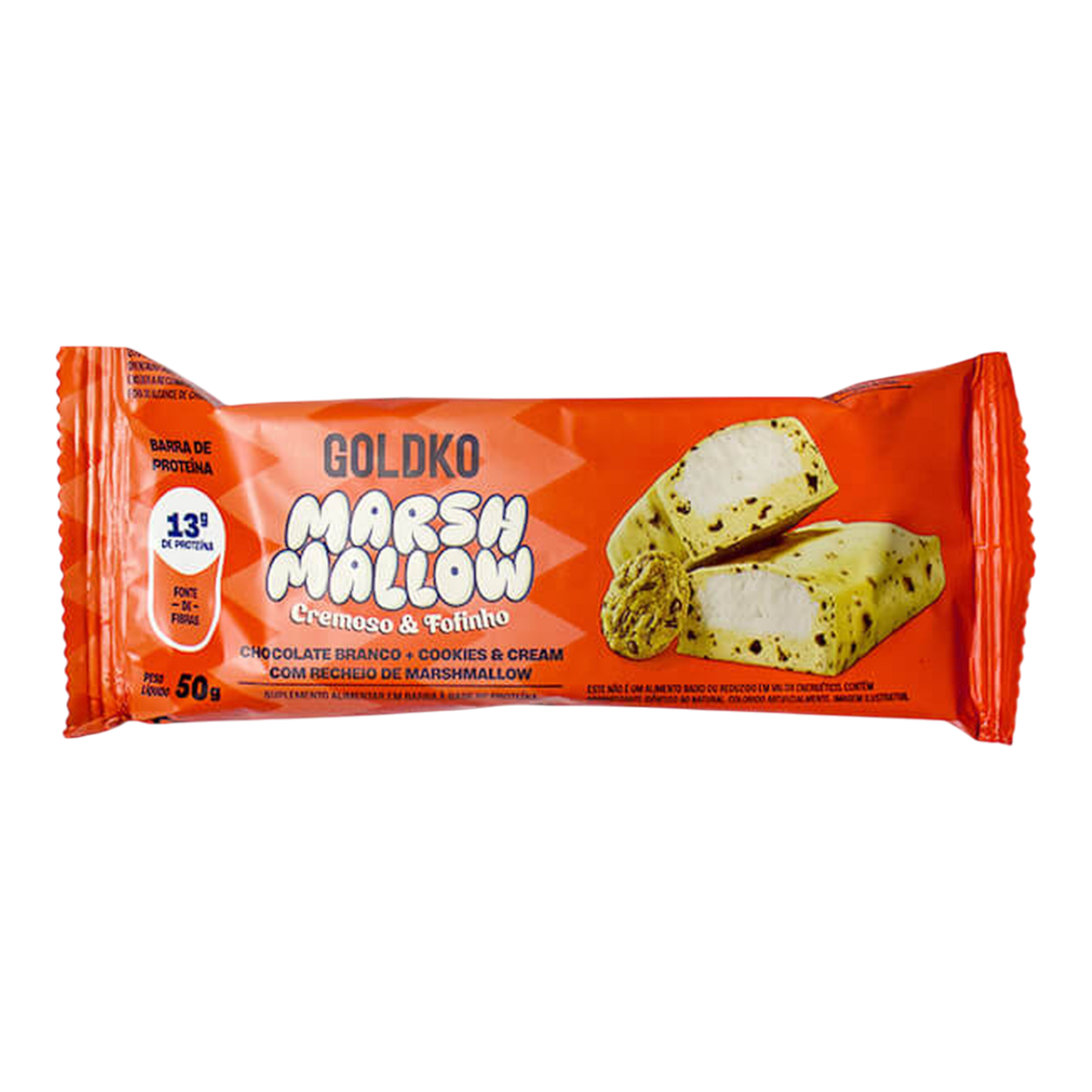 Barra Prote&iacute;na Marshmallow Cobertura Chocolate Branco + Cookies & Cream Goldko Pacote 50g