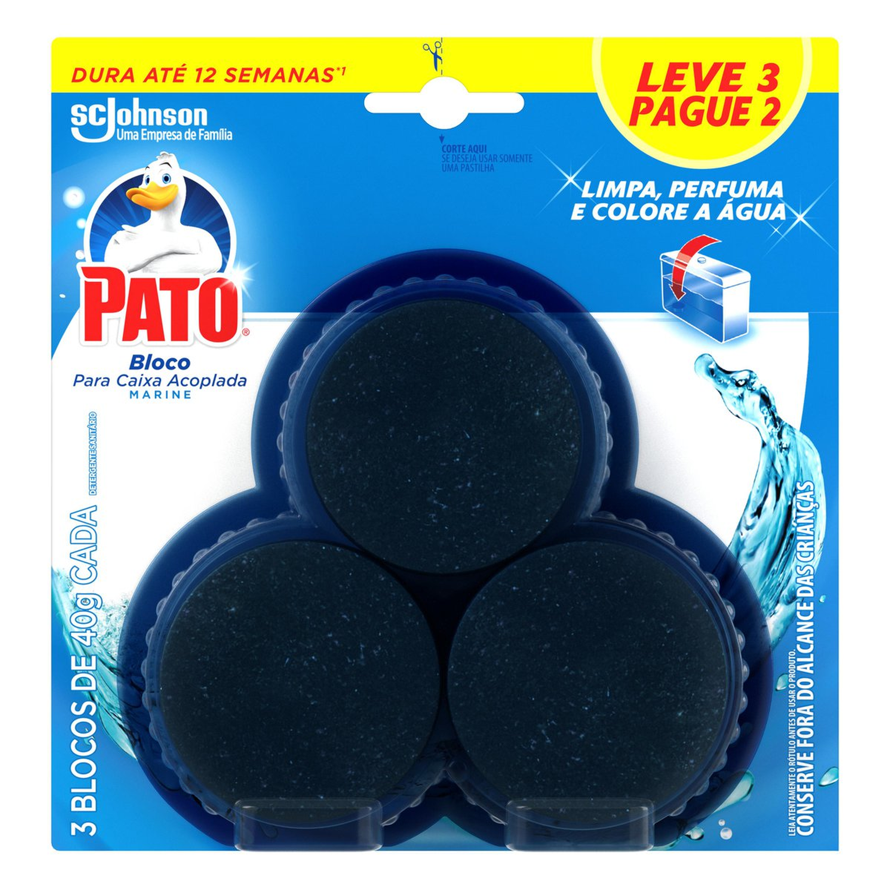 Detergente Sanitário Bloco para Caixa Acoplada Marine Pato 120g C/3 Unidades - Embalagem Leve 3 Pague 2