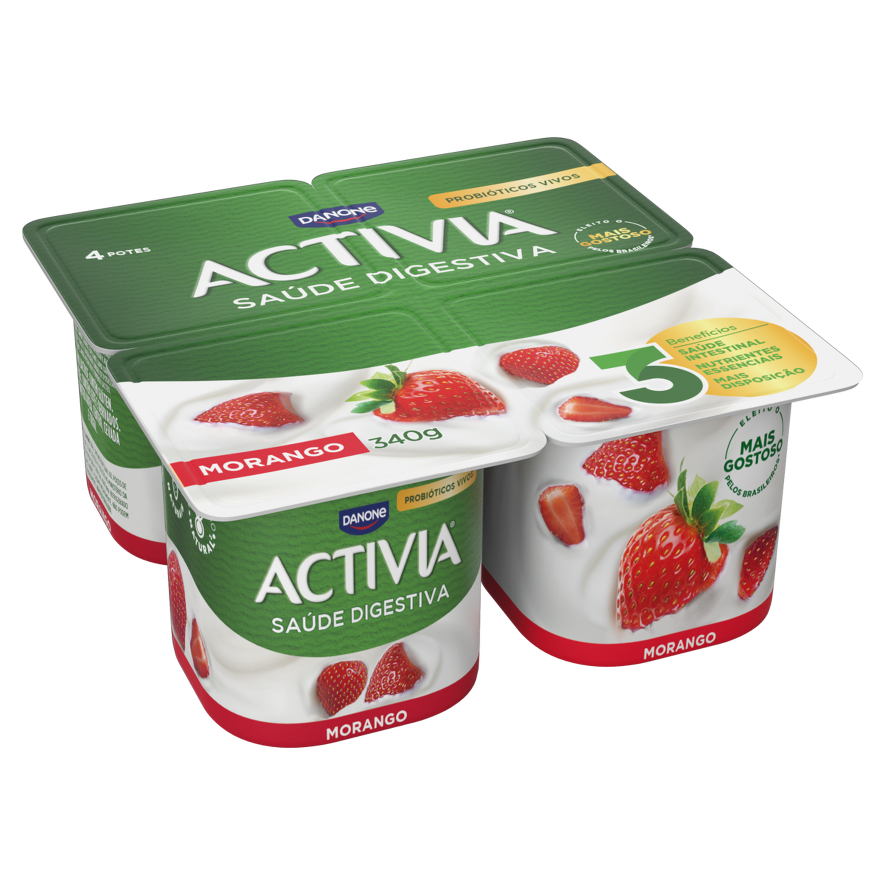 Leite Fermentado Integral Morango Activia Bandeja 340g C/4 Unidades