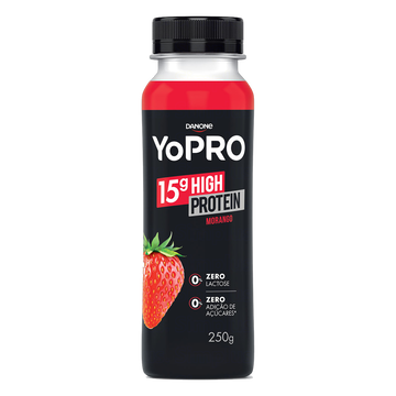 Iogurte Desnatado Morango Zero Lactose Yopro 15g High Protein Frasco 250g