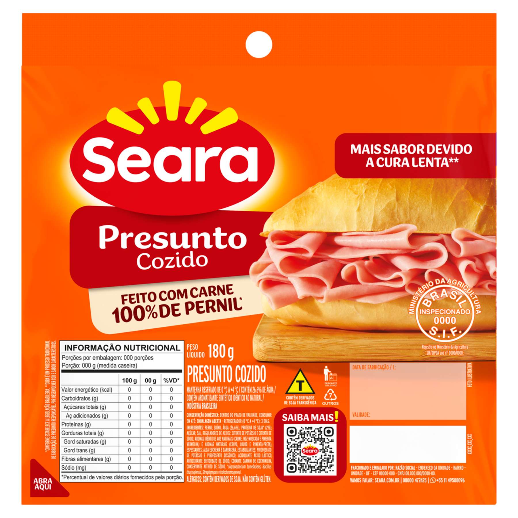 Presunto Cozido Fatiado Seara Pacote 180g&nbsp;