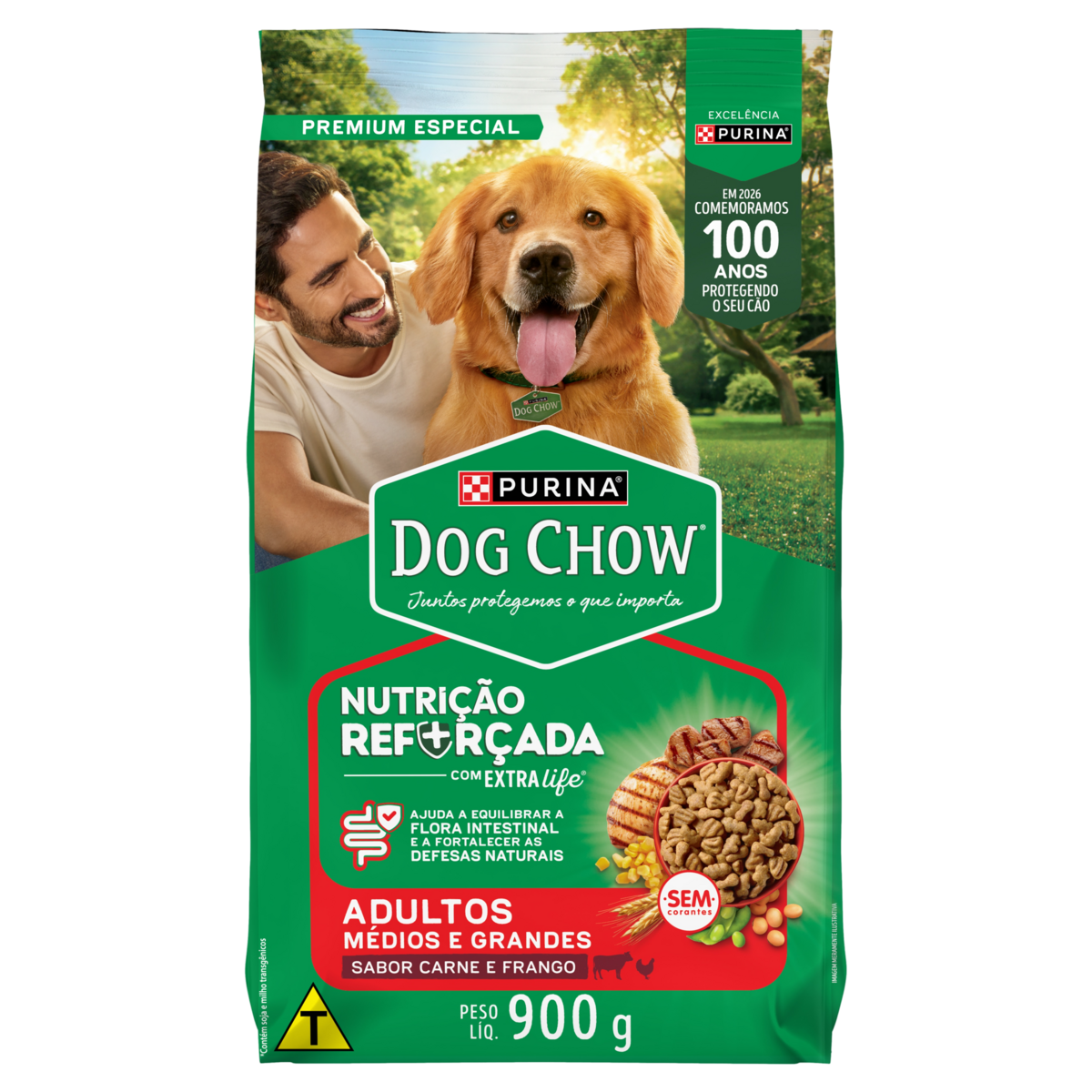 Alimento para C&atilde;es Adultos Ra&ccedil;as M&eacute;dias e Grandes Carne e Frango Purina Dog Chow Nutri&ccedil;&atilde;o Refor&ccedil;ada com Extra Life Pacote 900g