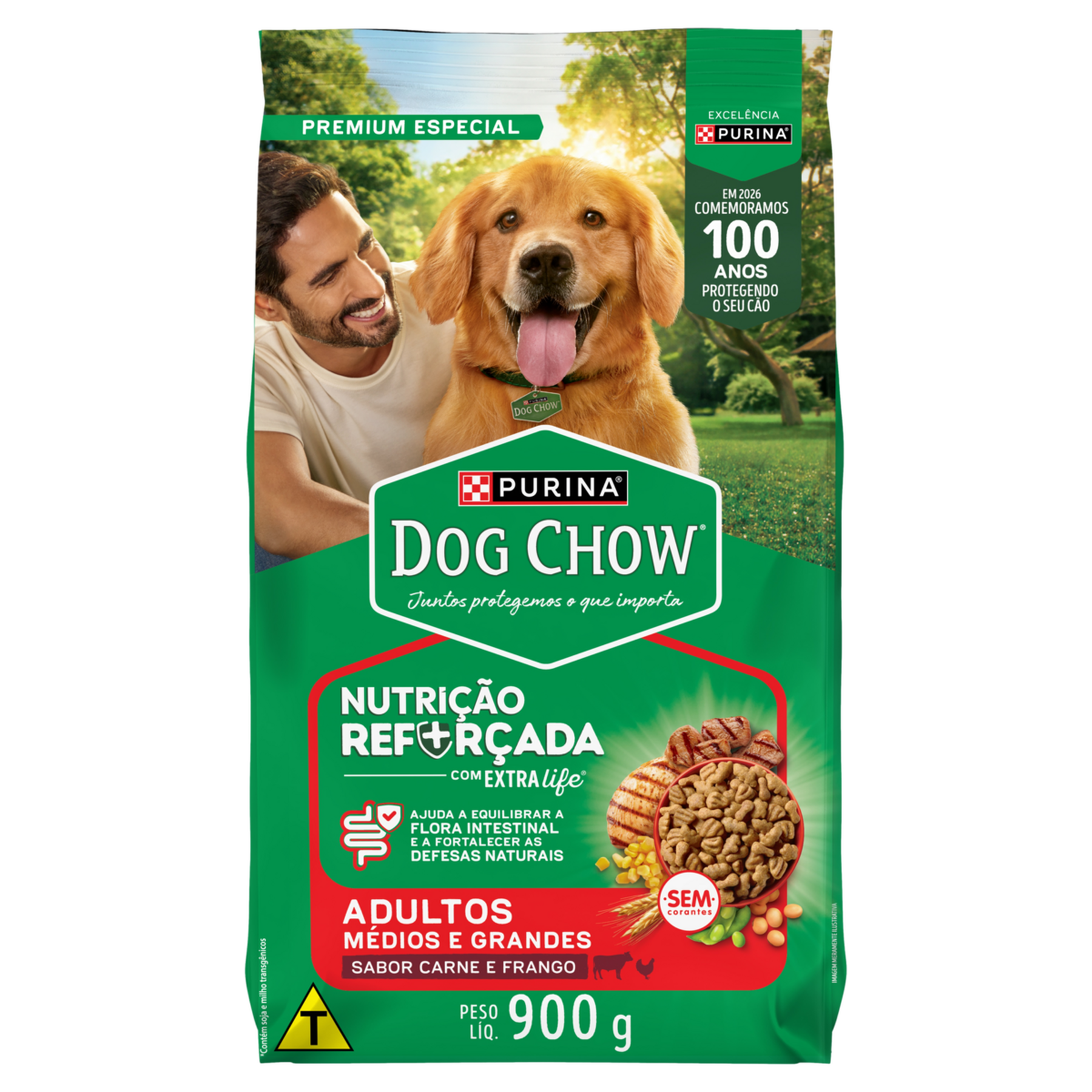 Alimento para Cães Adultos Raças Médias e Grandes Carne e Frango Purina Dog Chow Nutrição Reforçada com Extra Life Pacote 900g