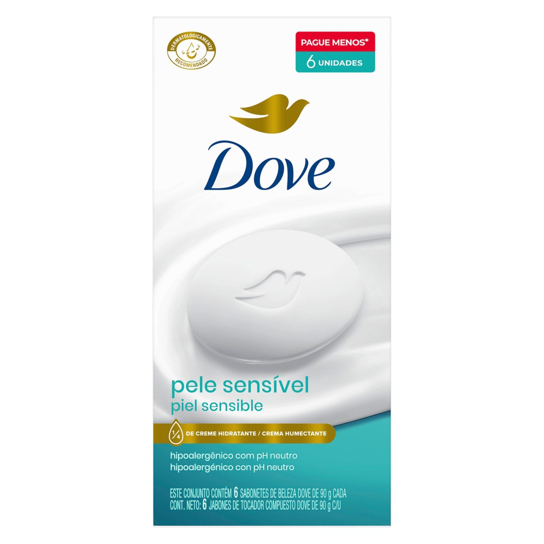 Sabonete em Barra Pele Sens&iacute;vel Dove Envolt&oacute;rio C/6 Unidades 90g Cada