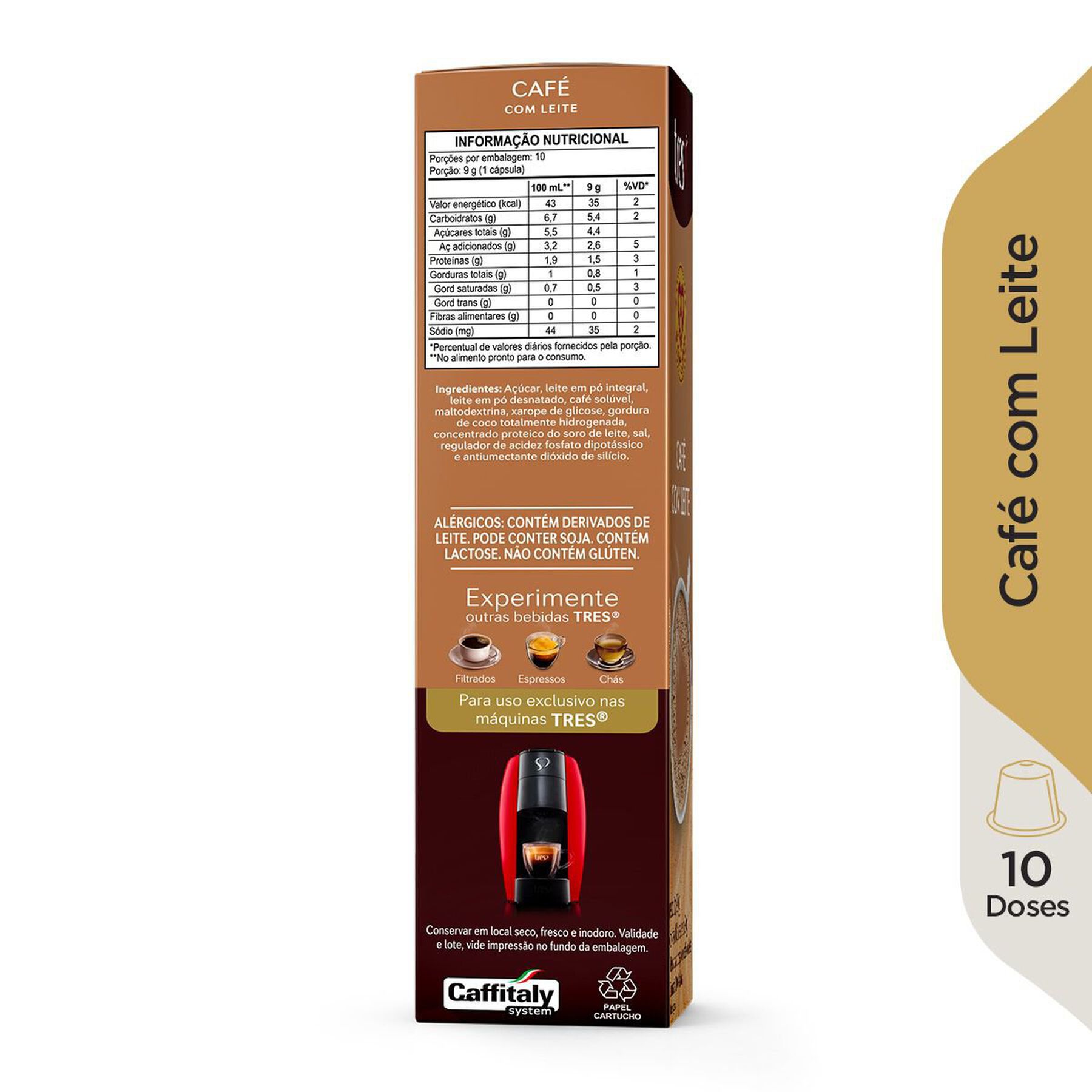 Café com Leite em Cápsula Tres Caixa 90g 10 Unidades
