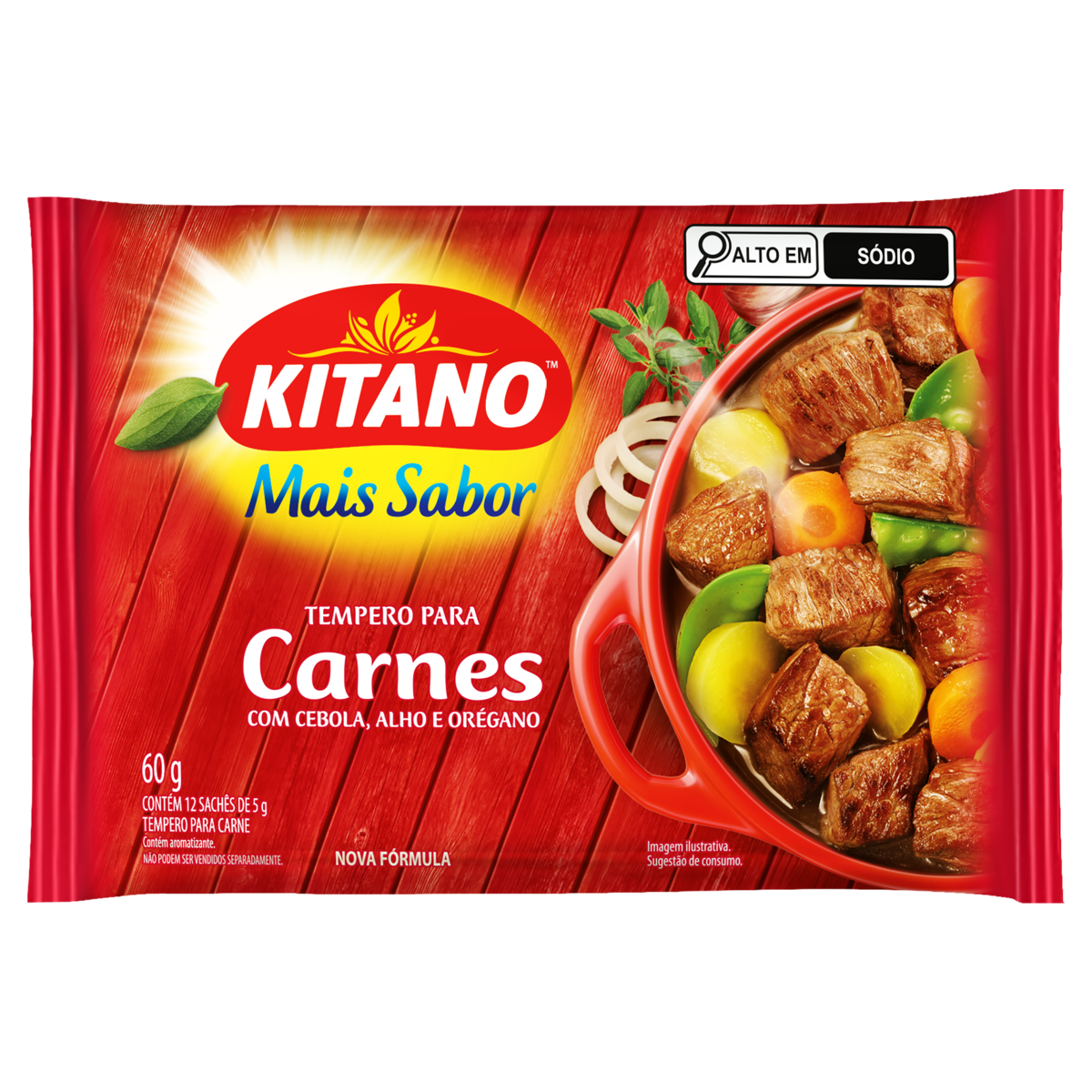 Tempero em P&oacute; para Carnes Cebola, Alho e Or&eacute;gano Mais Sabor Kitano Pacote 60g 12 Unidades&nbsp;