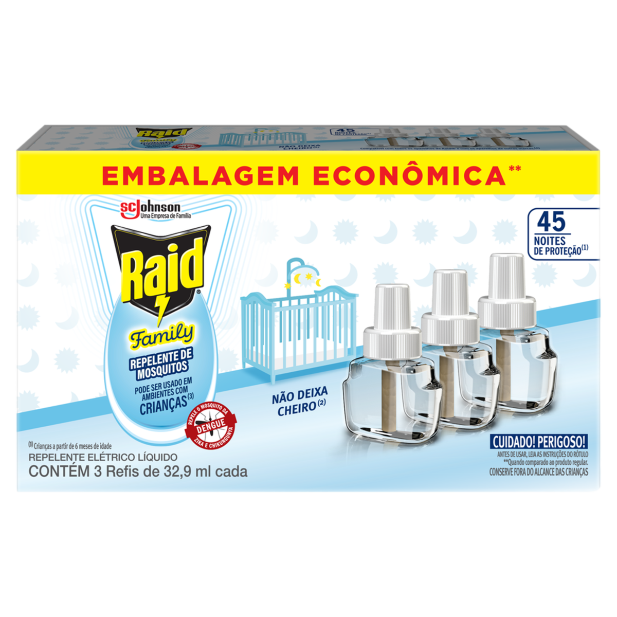 Repelente L&iacute;quido El&eacute;trico 45 Noites Raid Family Caixa C/3 Unidades 32,9ml Cada - Embalagem Econ&ocirc;mica