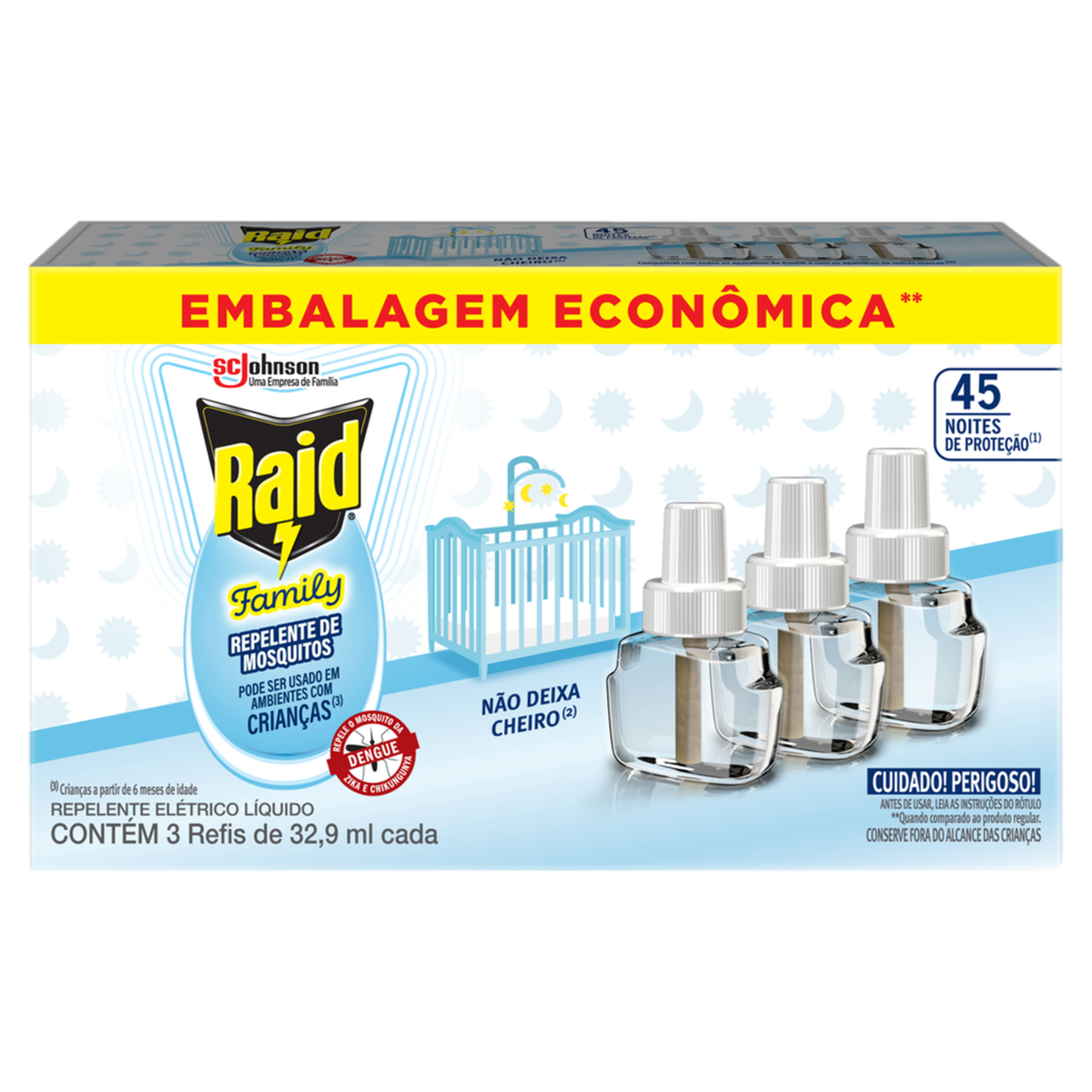 Repelente L&iacute;quido El&eacute;trico 45 Noites Raid Family Caixa C/3 Unidades 32,9ml Cada - Embalagem Econ&ocirc;mica
