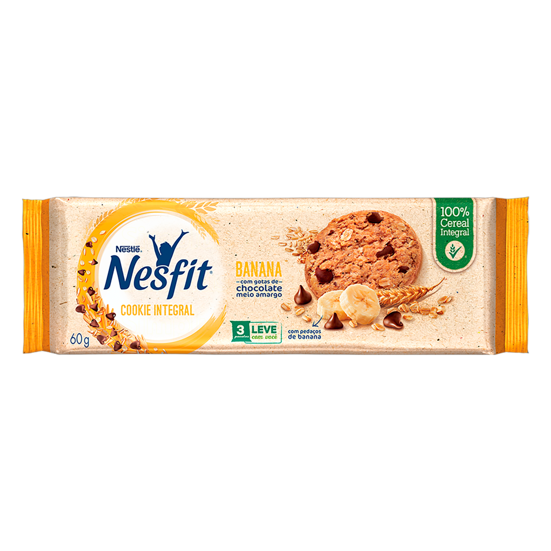 Biscoito Cookie Integral Banana com Gotas de Chocolate Meio Amargo Nestlé Nesfit Pacote 60g