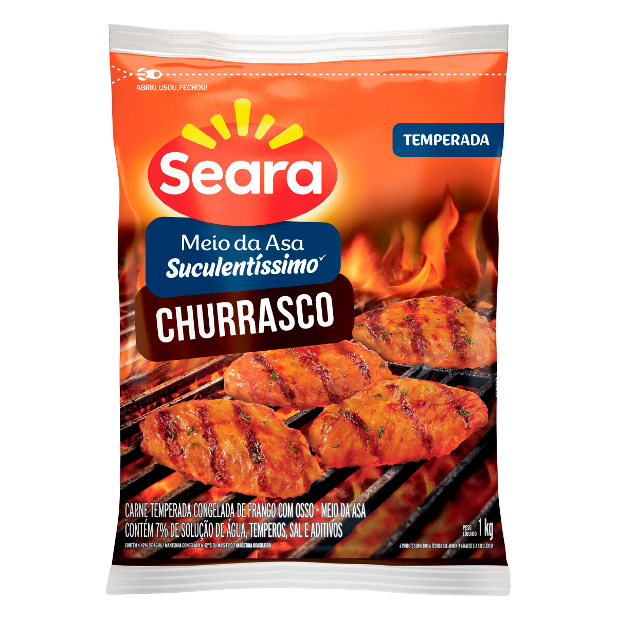 Meio da Asa de Frango Congelada Temperada Suculent&iacute;ssimo Churrasco Seara Pacote 1kg