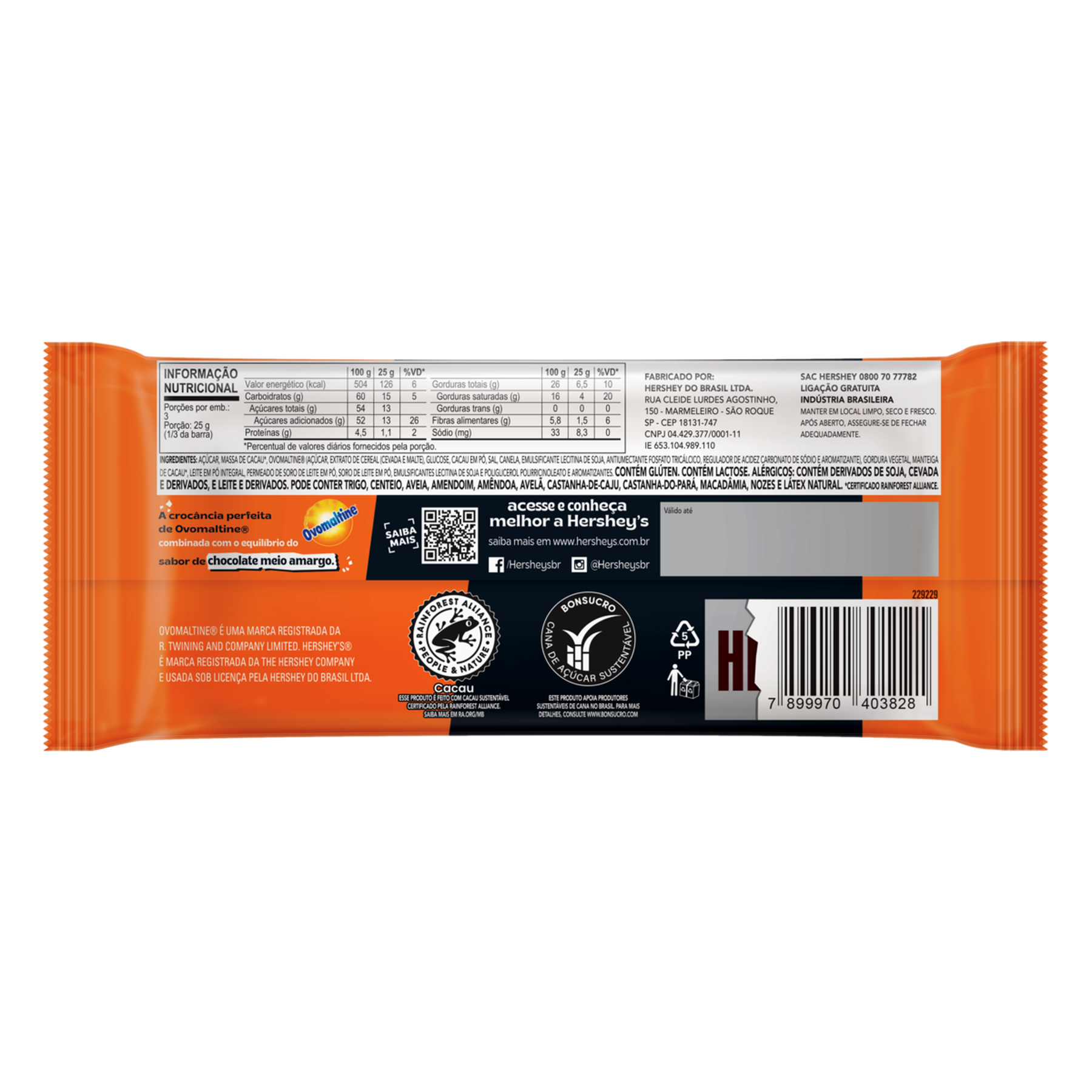 Chocolate Meio Amargo 40% Cacau com Ovomaltine Black Hershey's Pacote 75g