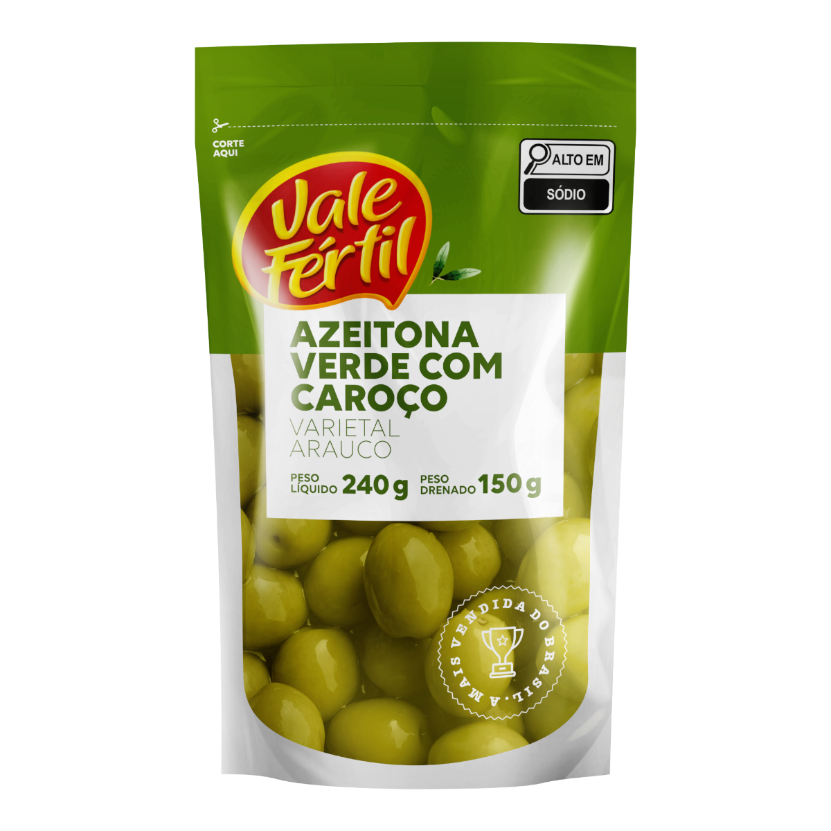 Azeitona Verde em Conserva com Caro&ccedil;o Vale F&eacute;rtil Sach&ecirc; 150g