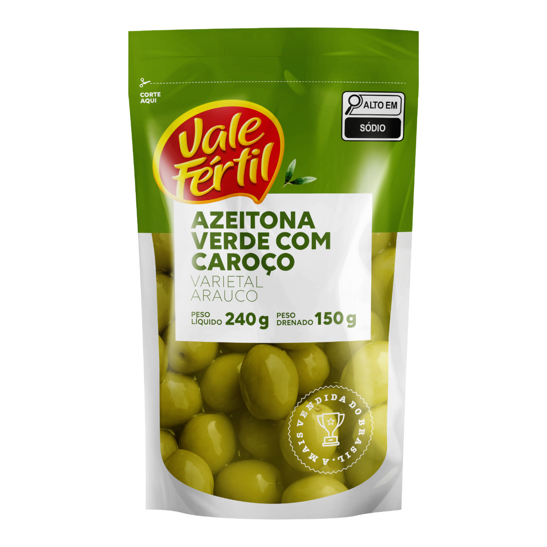 Azeitona Verde em Conserva com Caro&ccedil;o Vale F&eacute;rtil Sach&ecirc; 150g