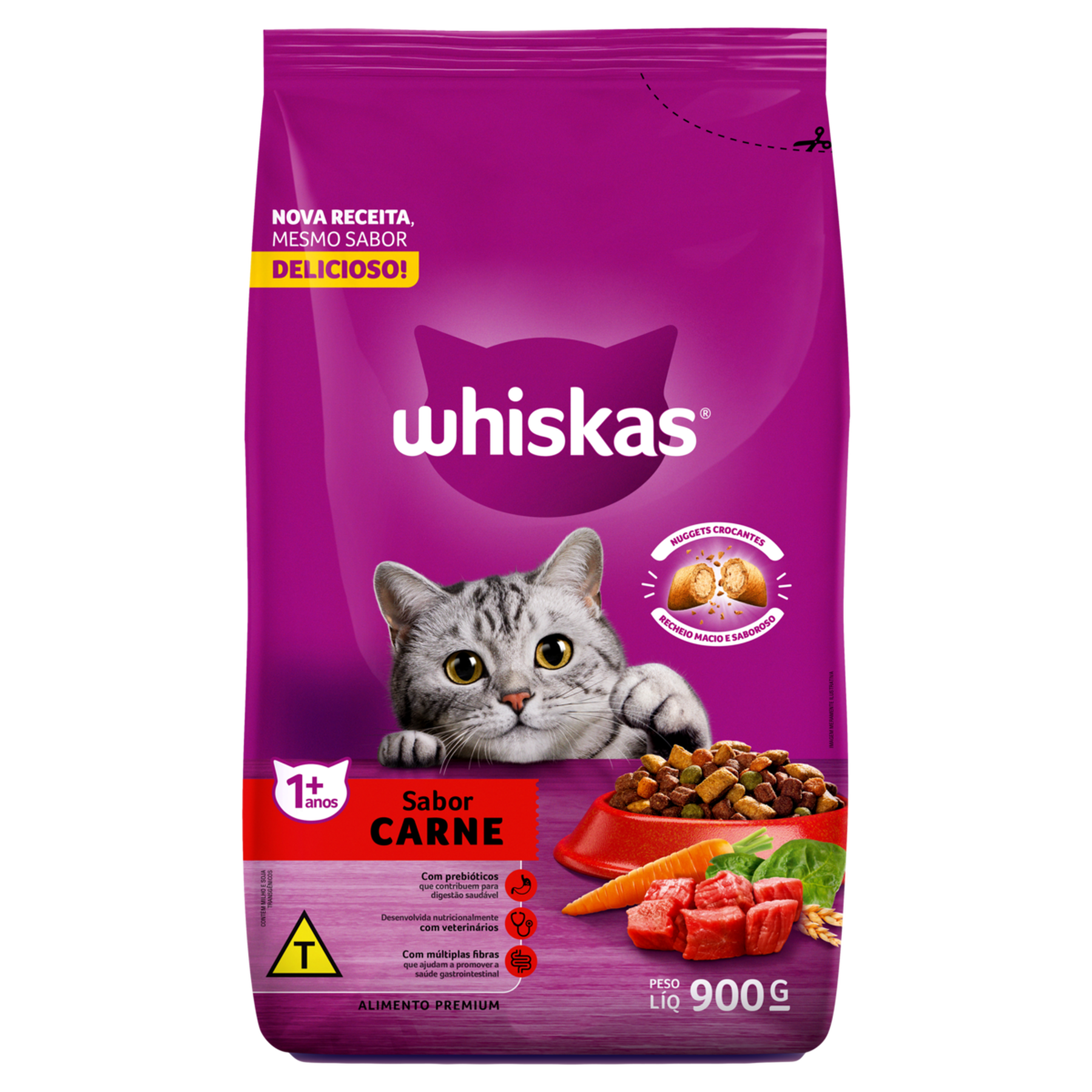 Alimento para Gatos Adultos 1+ Carne Whiskas Pacote 900g