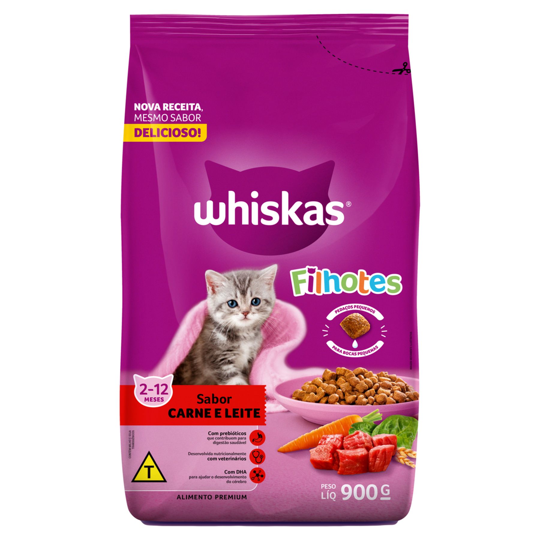 Alimento para Gatos Filhotes 2 a 12 Meses Carne e Leite Whiskas Pacote 900g