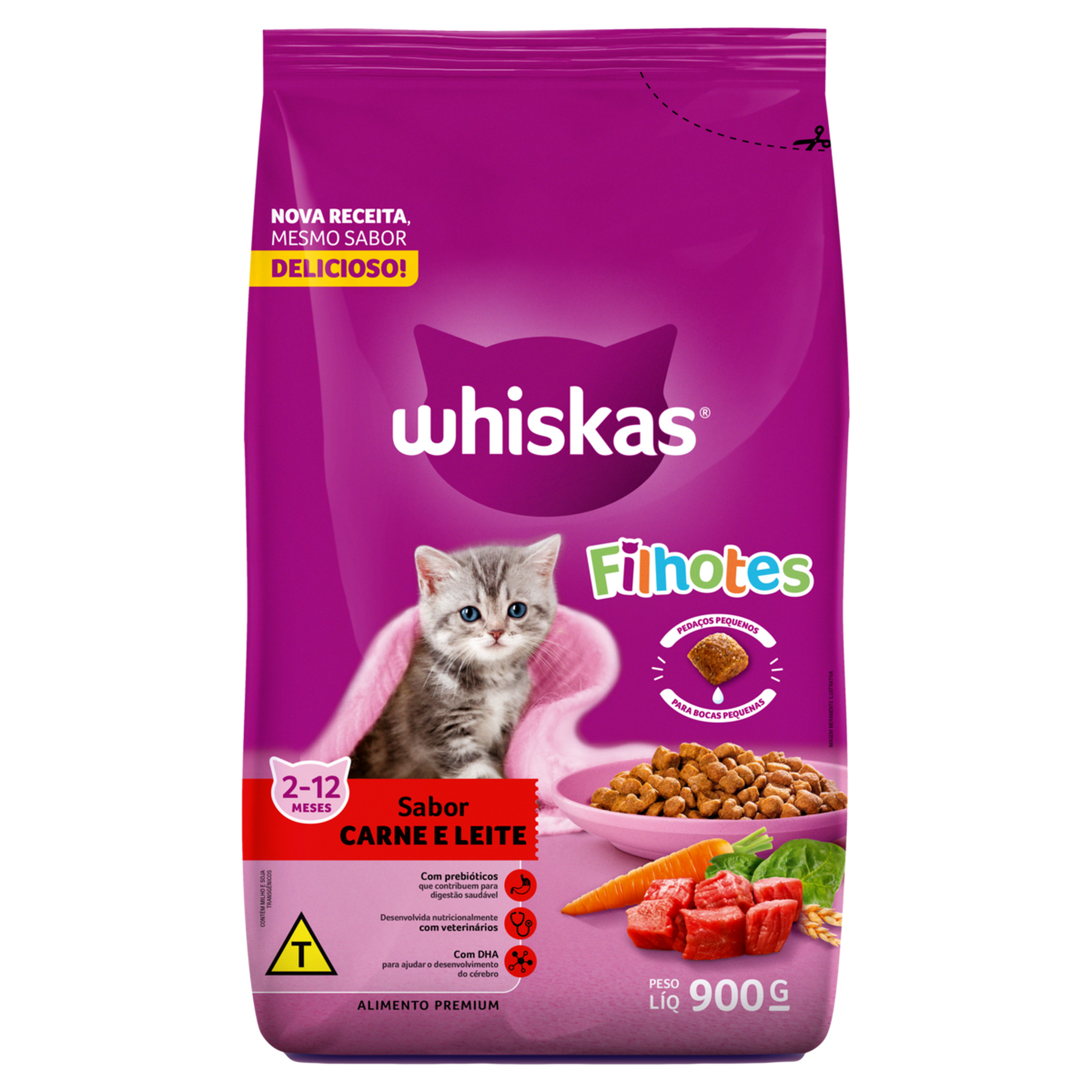 Alimento para Gatos Filhotes 2 a 12 Meses Carne e Leite Whiskas Pacote 900g