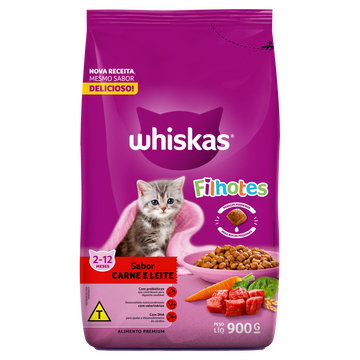 Alimento para Gatos Filhotes 2 a 12 Meses Carne e Leite Whiskas Pacote 900g