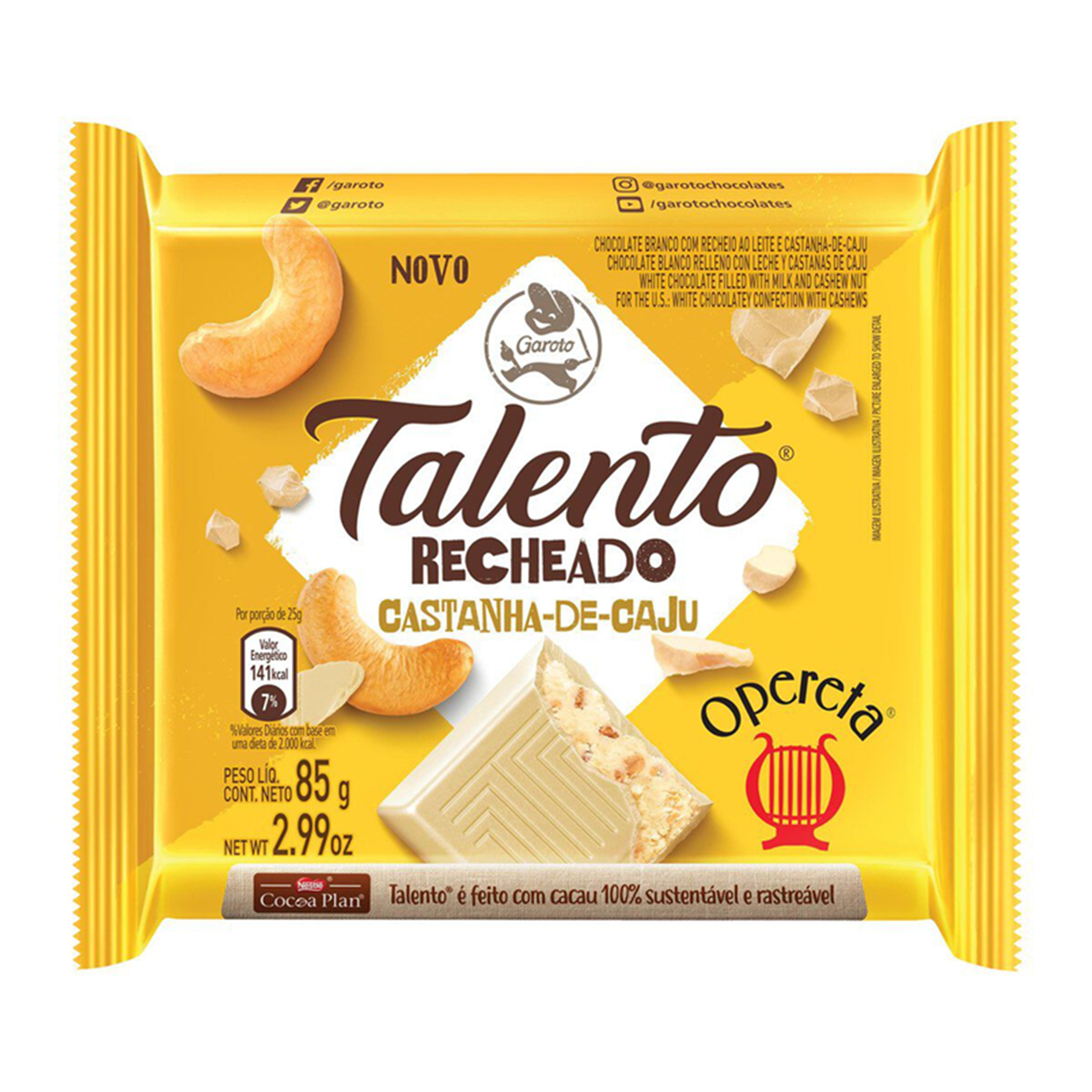 Chocolate Branco Opereta Recheio Castanha de Caju Garoto Talento Pacote 85g