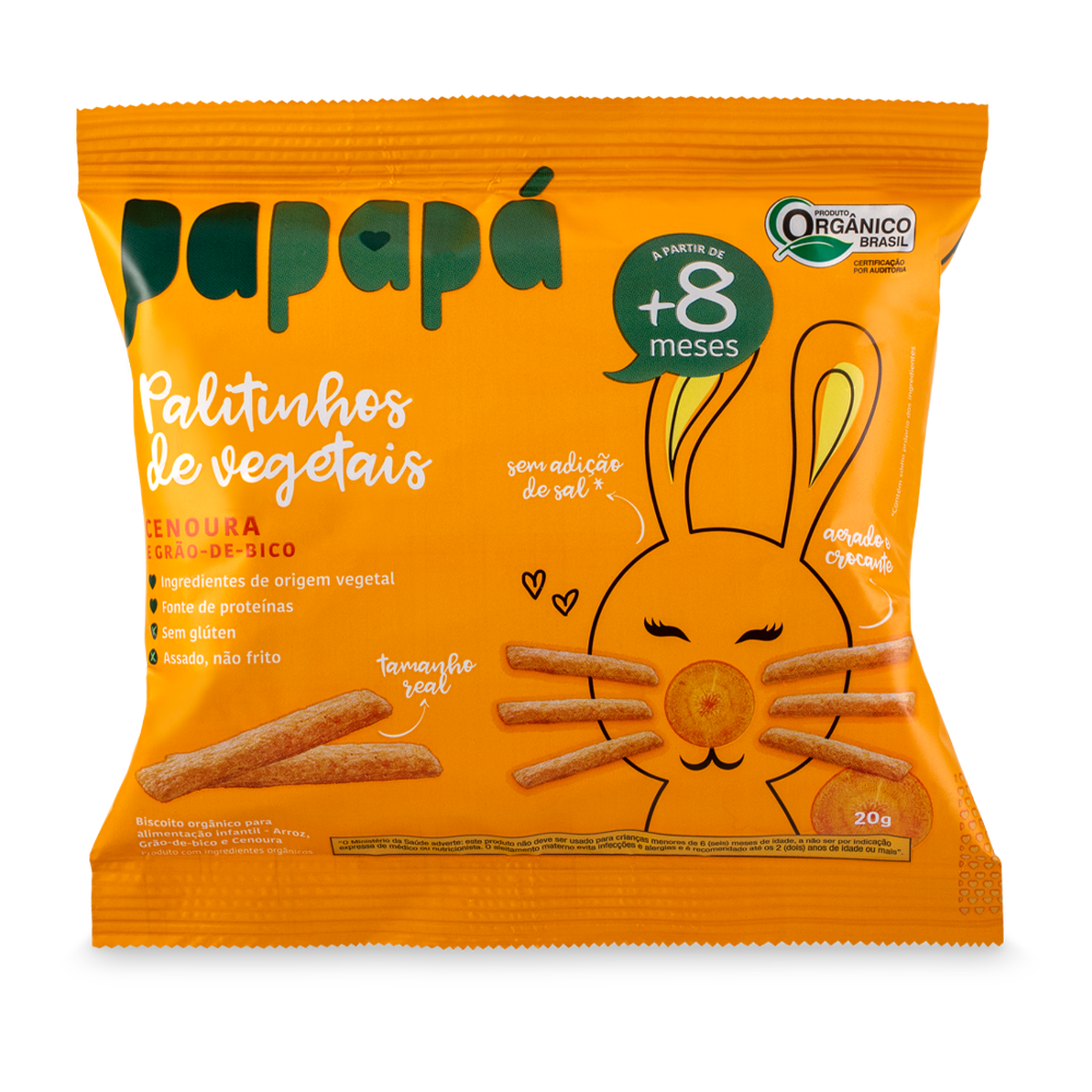 Palitinho de Vegetais Org&acirc;nico Cenoura e Gr&atilde;o-de-Bico sem Gl&uacute;ten Papap&aacute; Pacote 20g&nbsp;