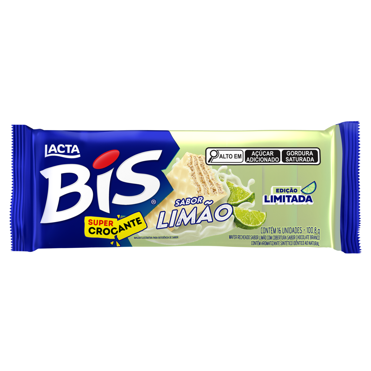 Wafer Recheio Lim&atilde;o Cobertura Chocolate Branco Bis Lacta Pacote 100,8g