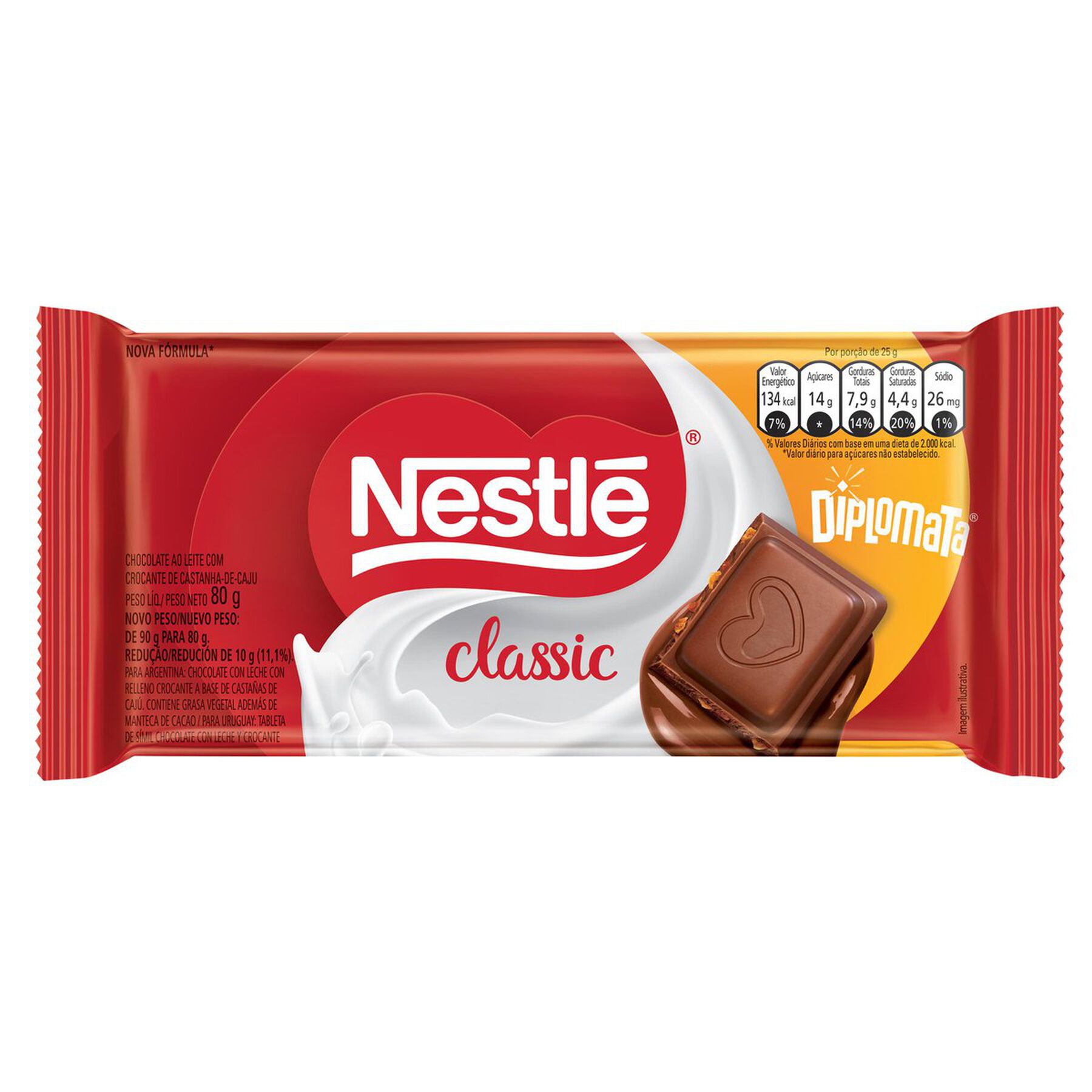 Barra de Chocolate ao Leite Diplomata Classic Nestlé Pacote 80g